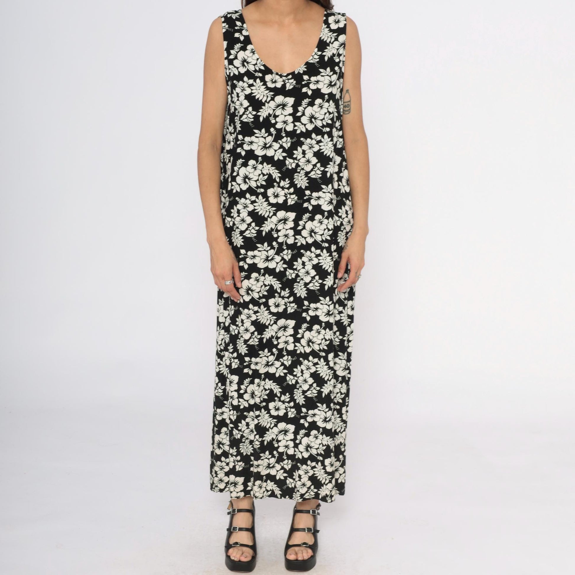 Y2K Josephine Chaus Black Maxi Dress Hibiscus Floral Print Large L