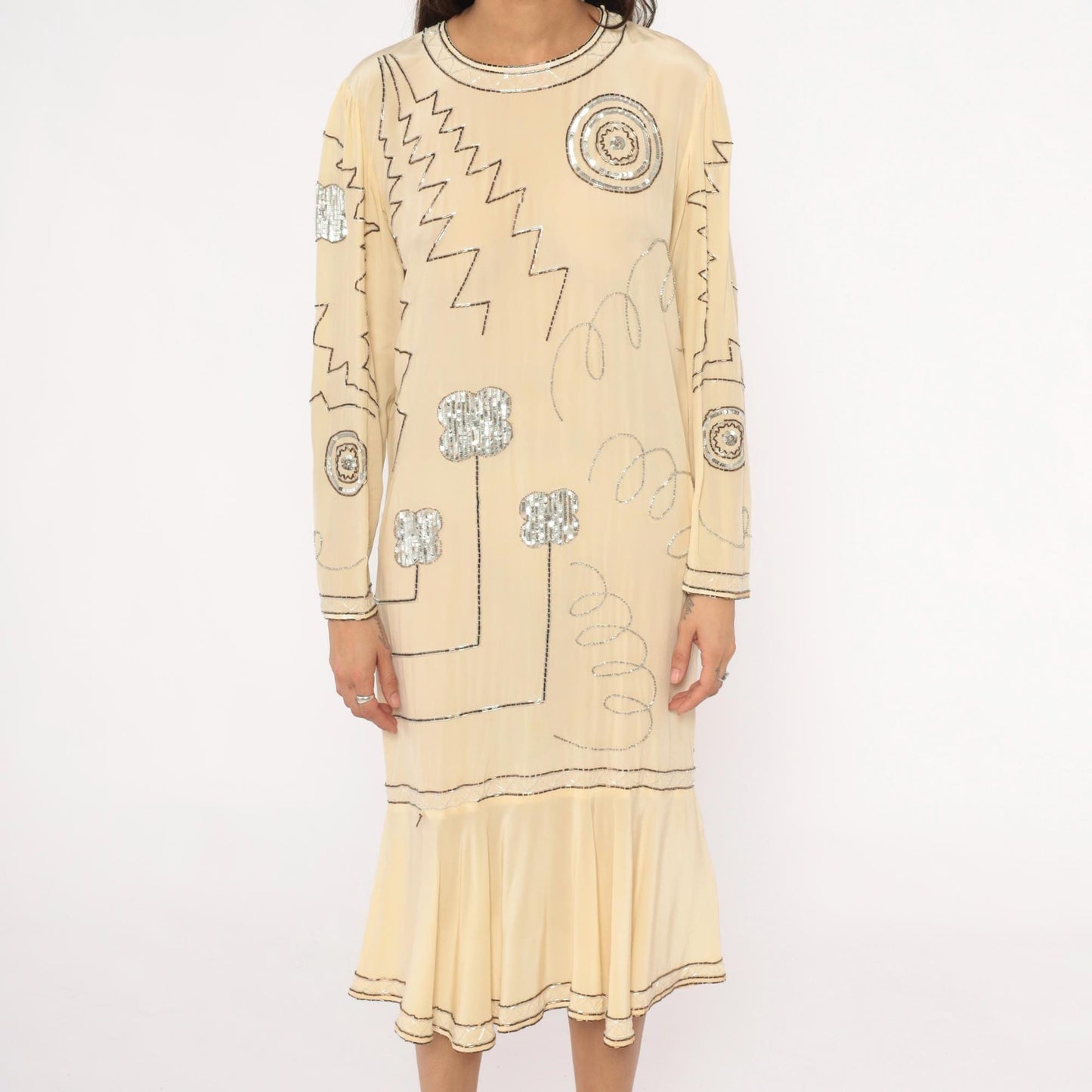 90s Argenti Silk Beaded Midi Dress Cream Drop Waist Geometric Embroidered Medium M