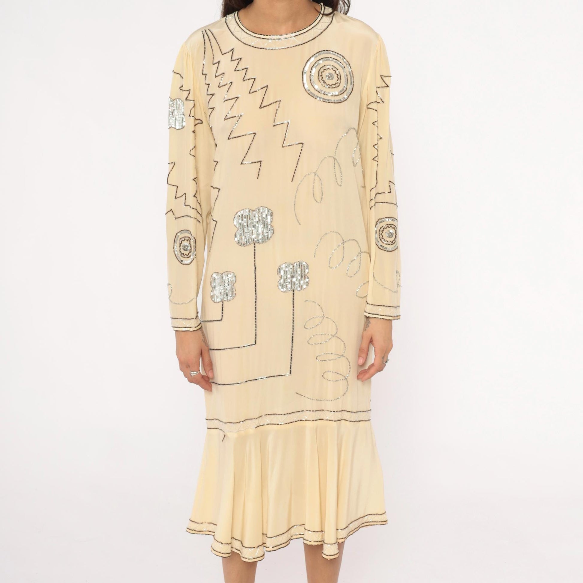 90s Argenti Silk Beaded Midi Dress Cream Drop Waist Geometric Embroidered Medium M