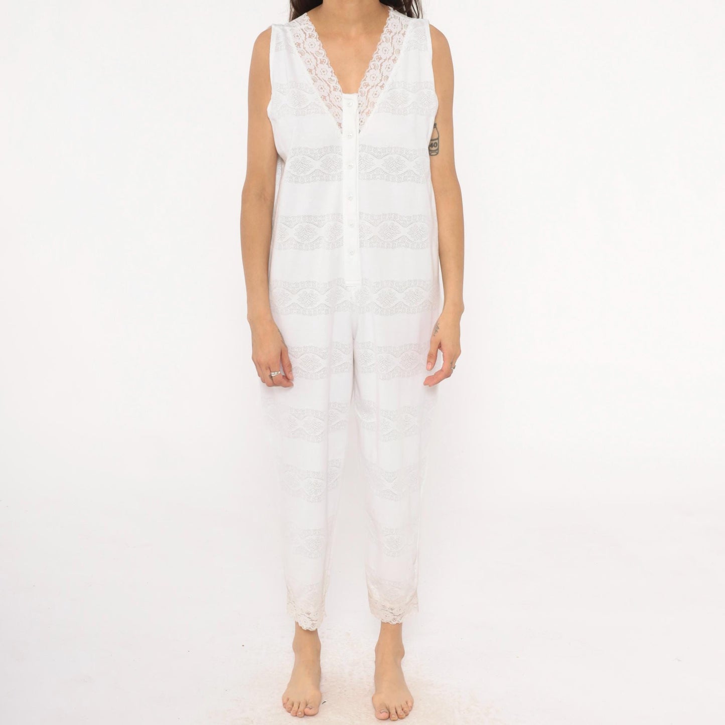 90s Candies White Lace Sleeveless Jumpsuit Cropped Ankle Cotton Medium M