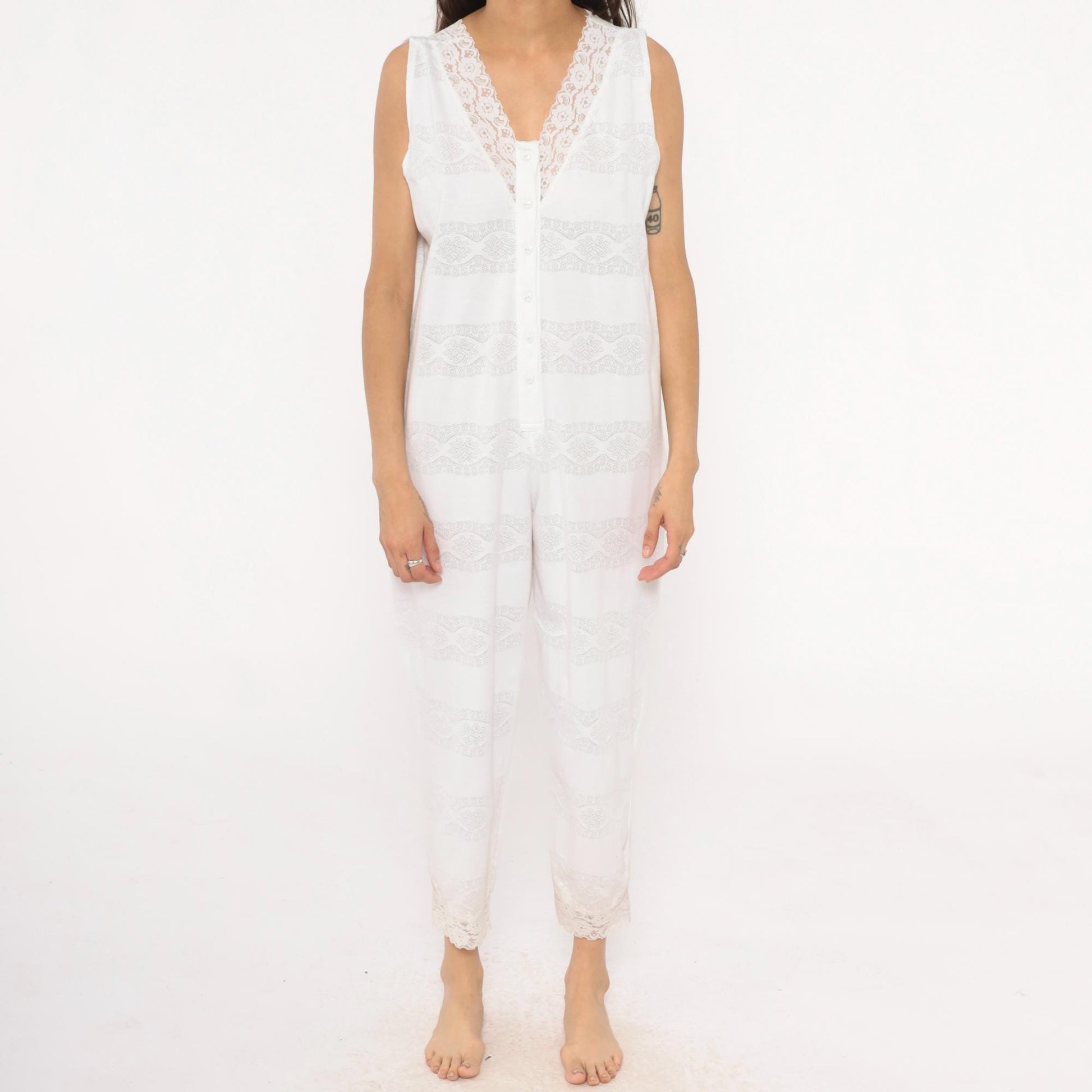 90s Candies White Lace Sleeveless Jumpsuit Cropped Ankle Cotton Medium M