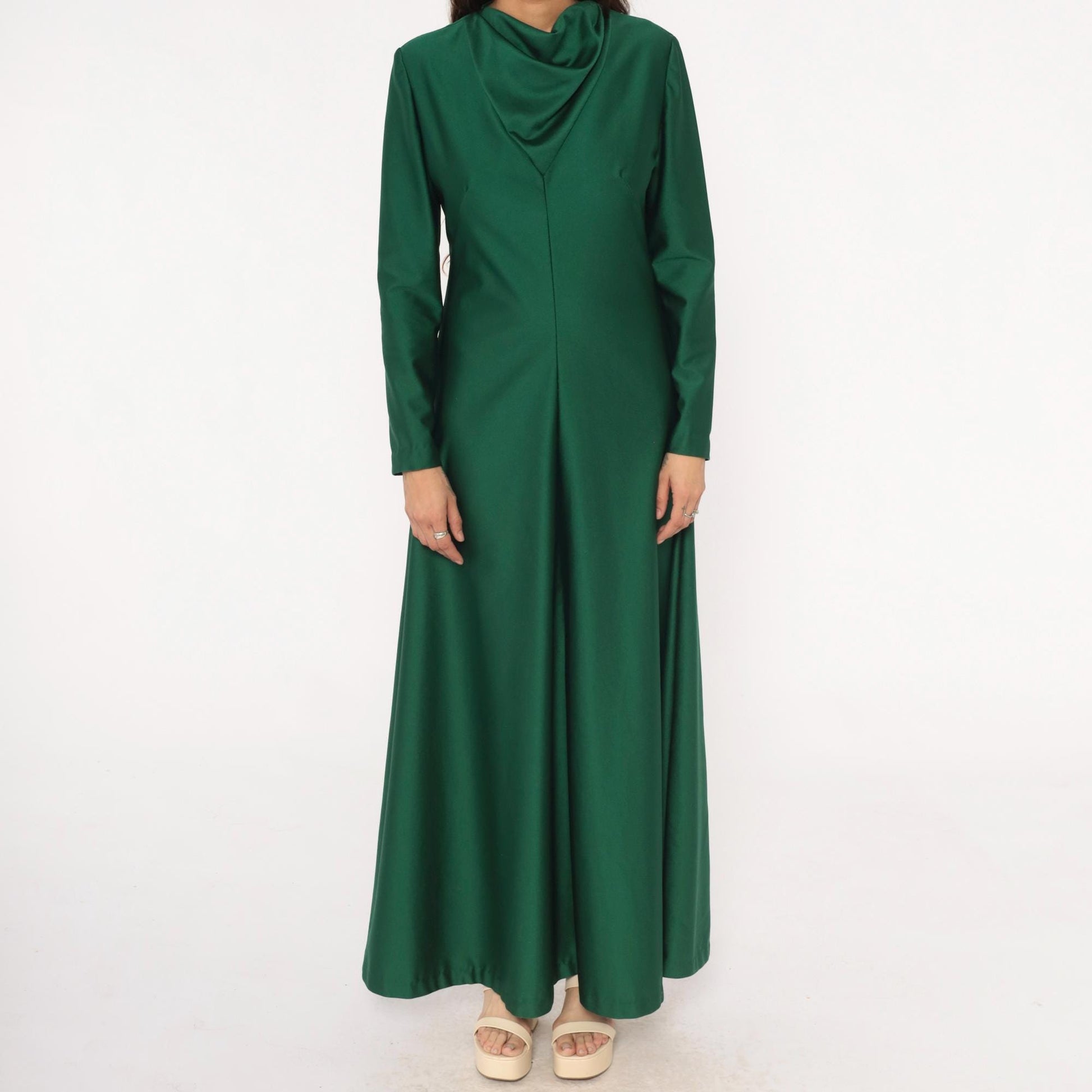 70s Green Maxi Dress Cowl Neck Long Sleeve Forest Draped Medium