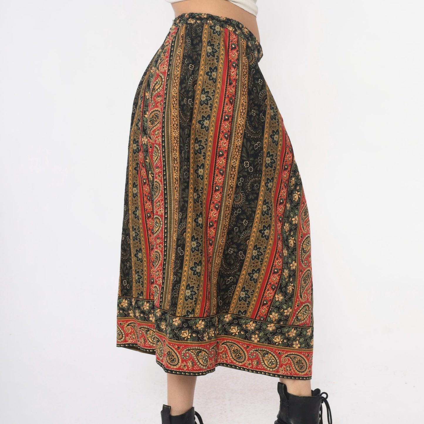 90s Suttles an Seawinds Midi Skirt Paisley Floral Stripe Elastic Waist Large
