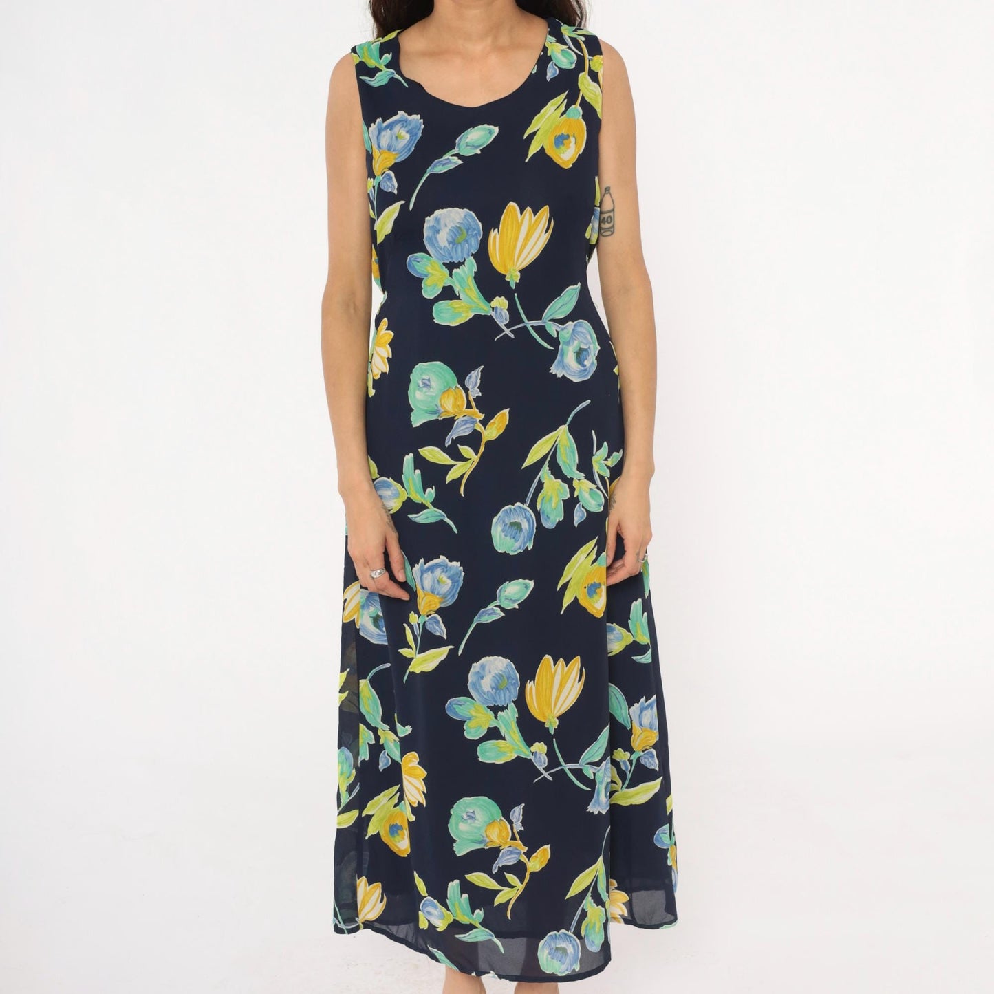 90s Bentley Floral Maxi Dress Navy Blue Yellow Green Scoop Neck Large L