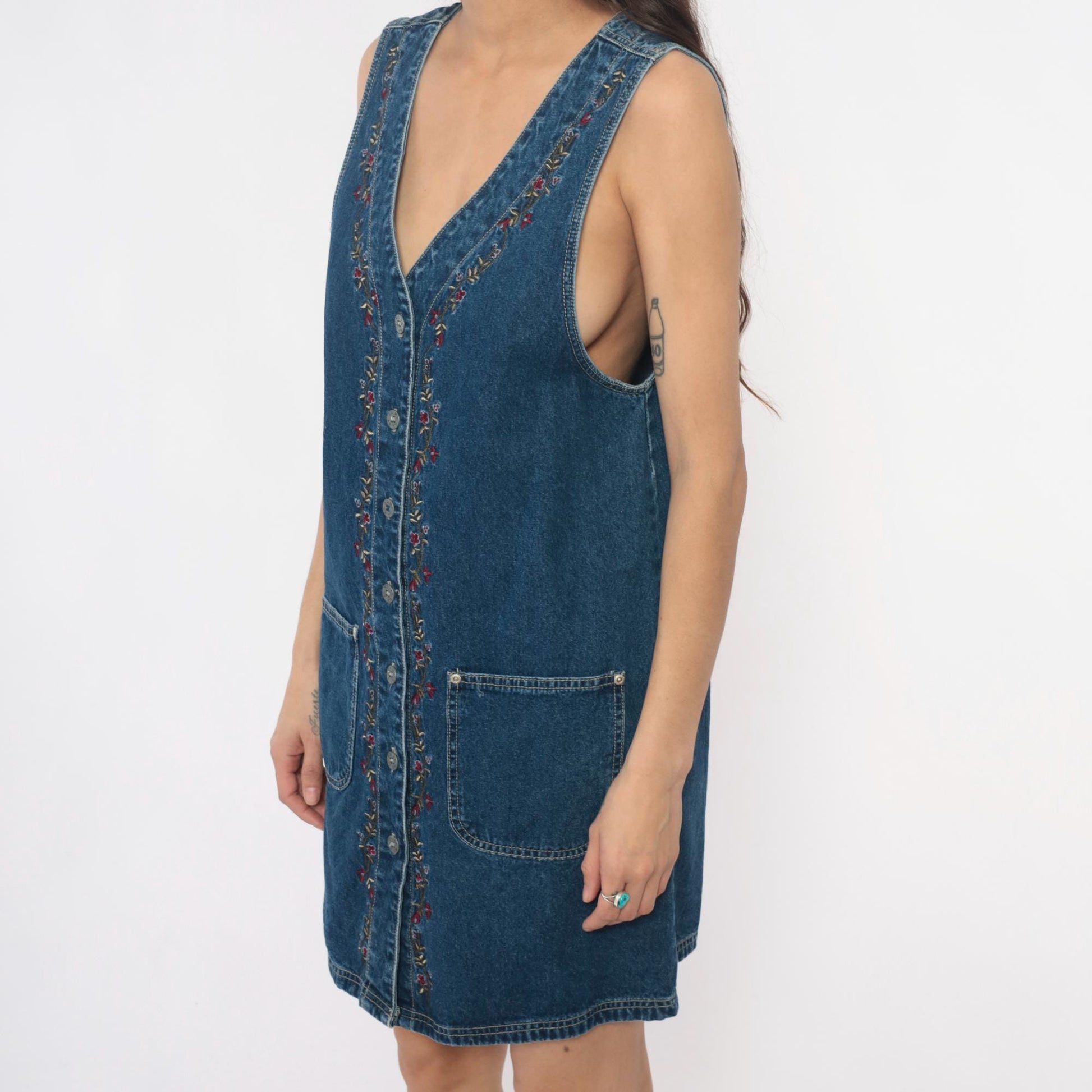 90s JL NY Sport Denim Mini Dress Floral Embroidery Blue Small