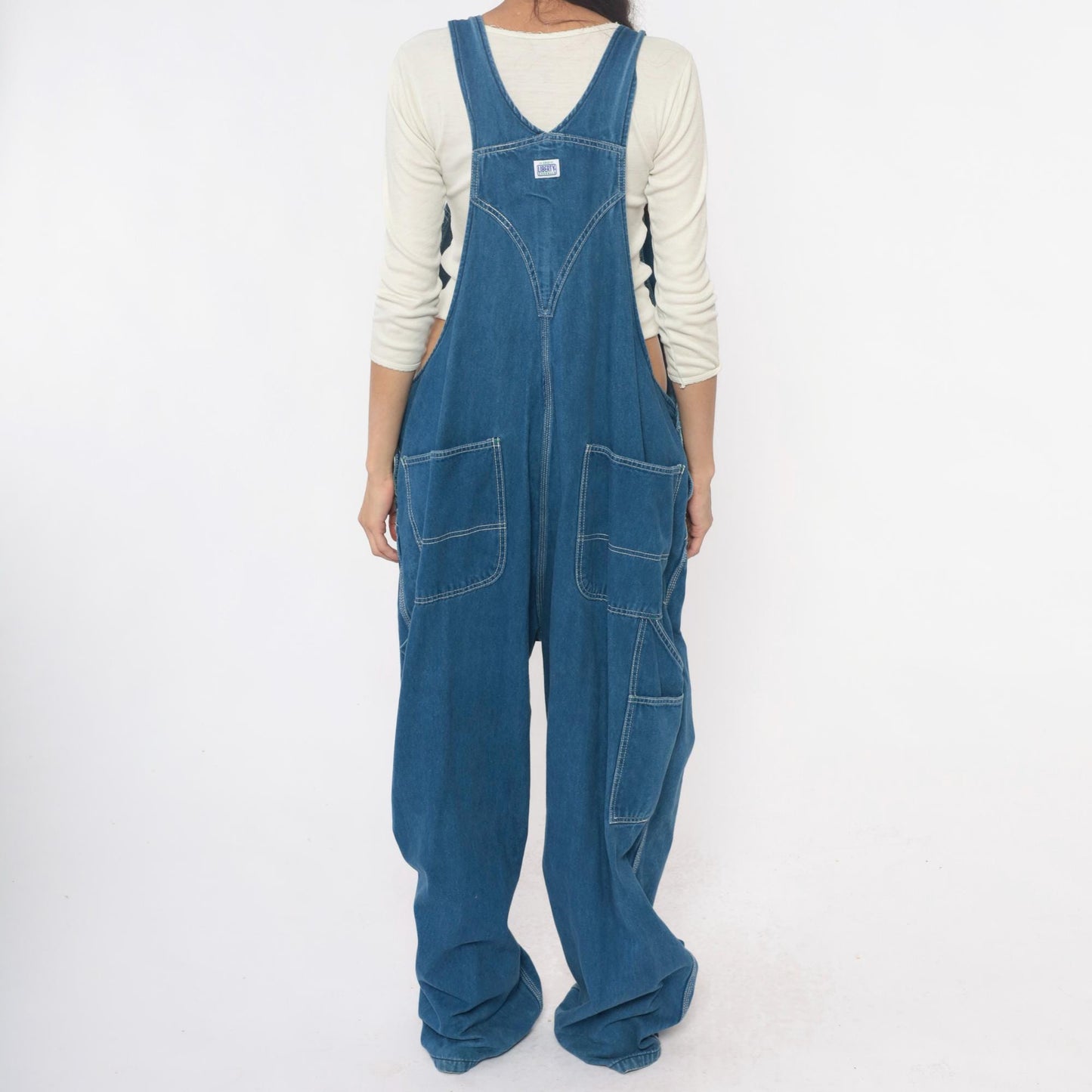 Y2K Liberty Denim Overalls Medium Blue Green Stitching Carpenter Jumpsuit