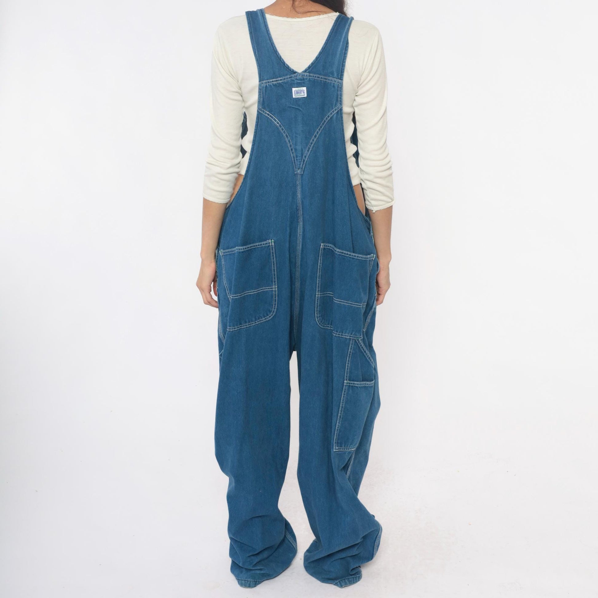 Y2K Liberty Denim Overalls Medium Blue Green Stitching Carpenter Jumpsuit
