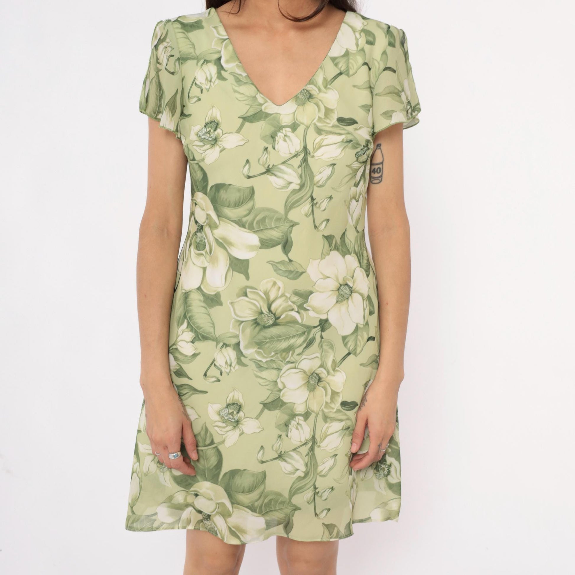 90s Green Magnolia Floral Dress V-Neck Flutter Sleeve A-Line Medium