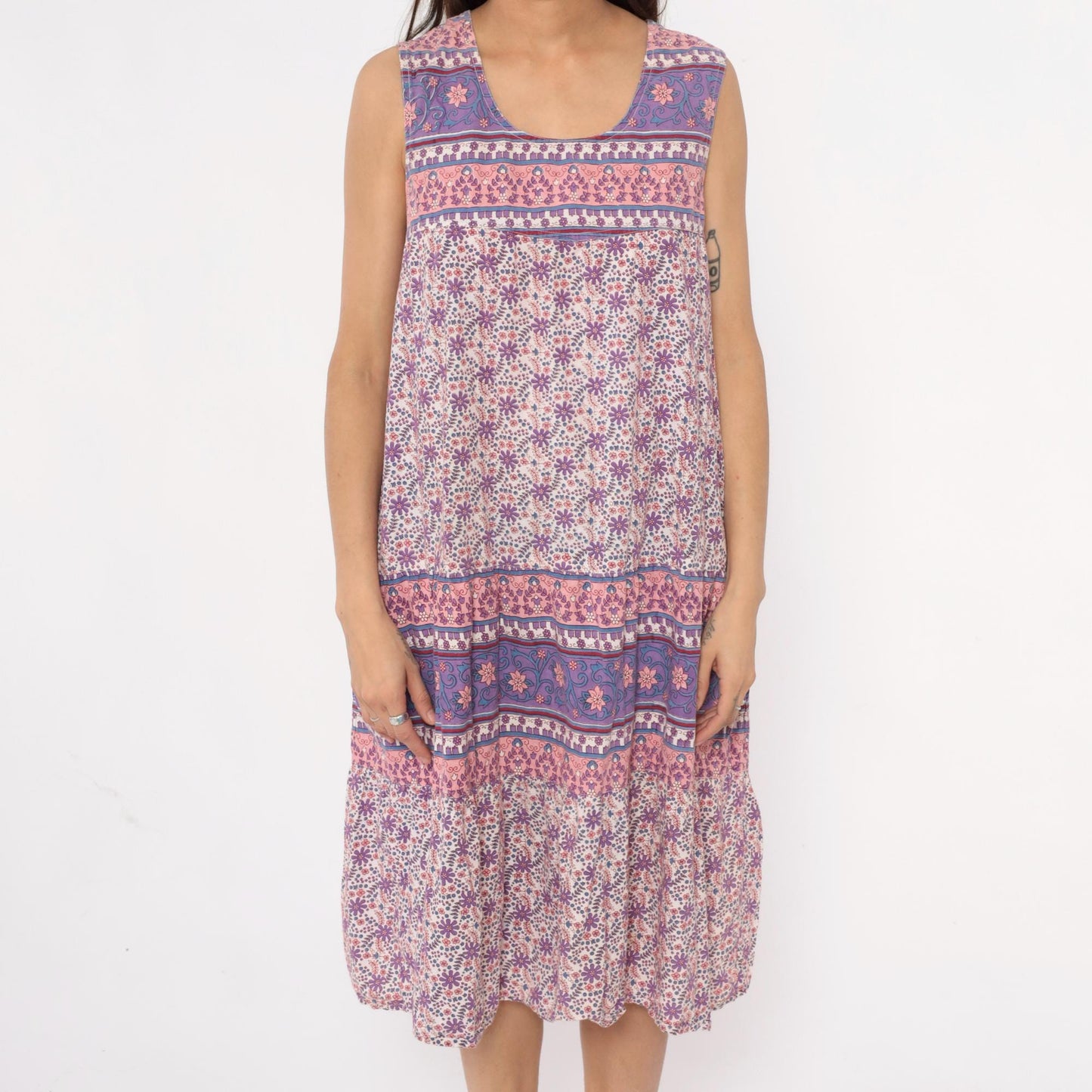 90s La Cera Floral Cotton Maxi Dress Purple Pink Scoop Neck Extra Large XXL
