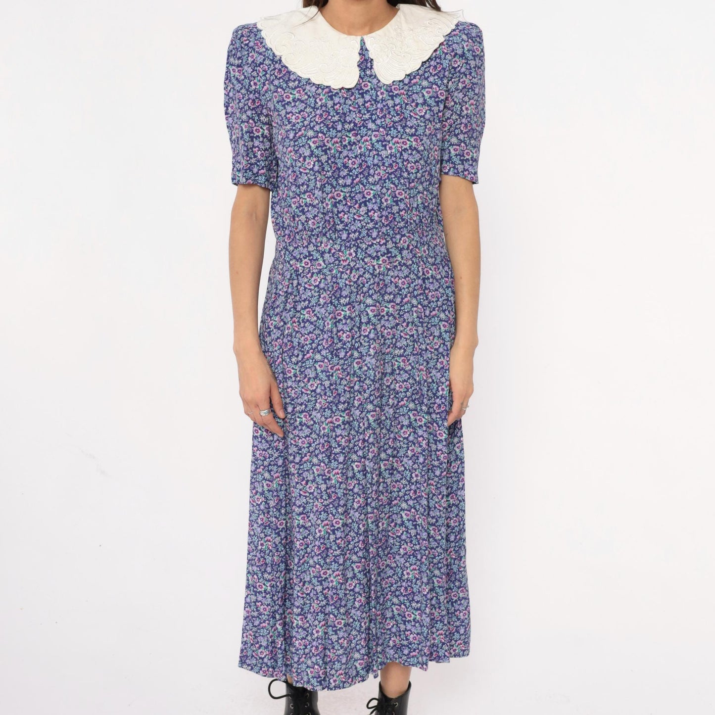 90s Karin Stevens Floral Maxi Dress Peter Pan Collar Purple Medium