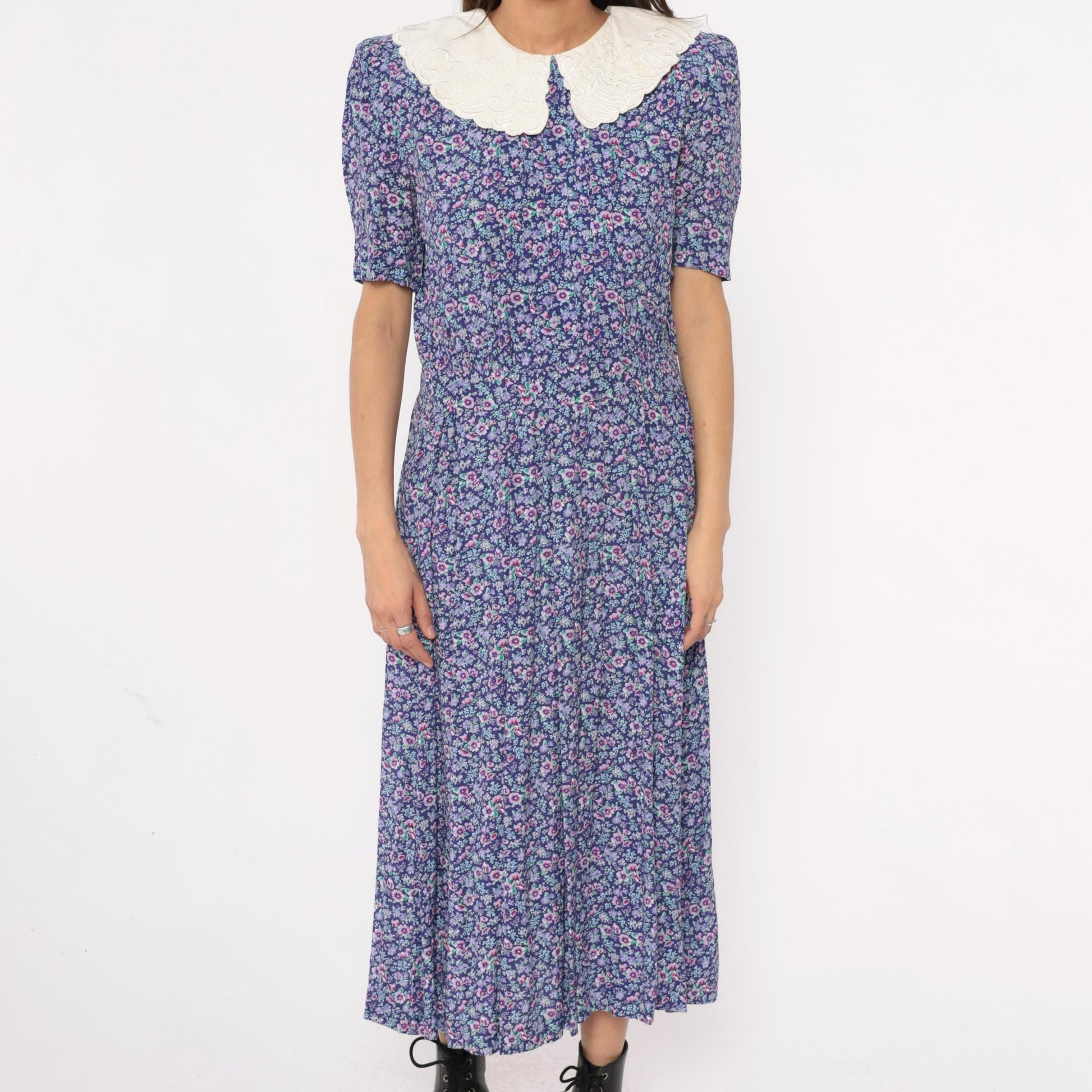 90s Karin Stevens Floral Maxi Dress Peter Pan Collar Purple Medium