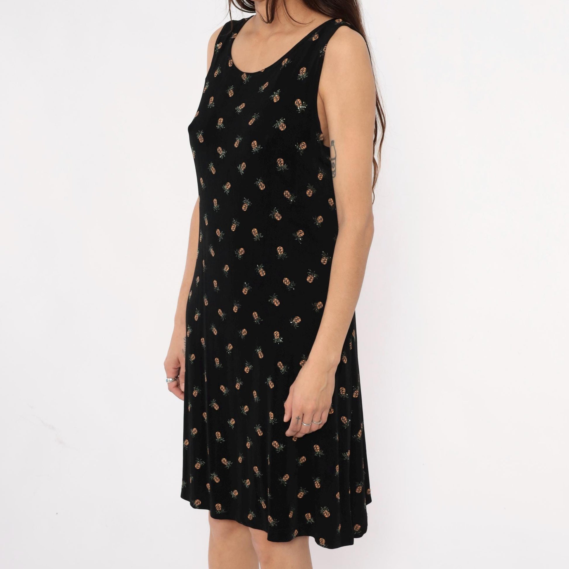 90s Ronni Nicole Pineapple Print Black Shift Dress Medium