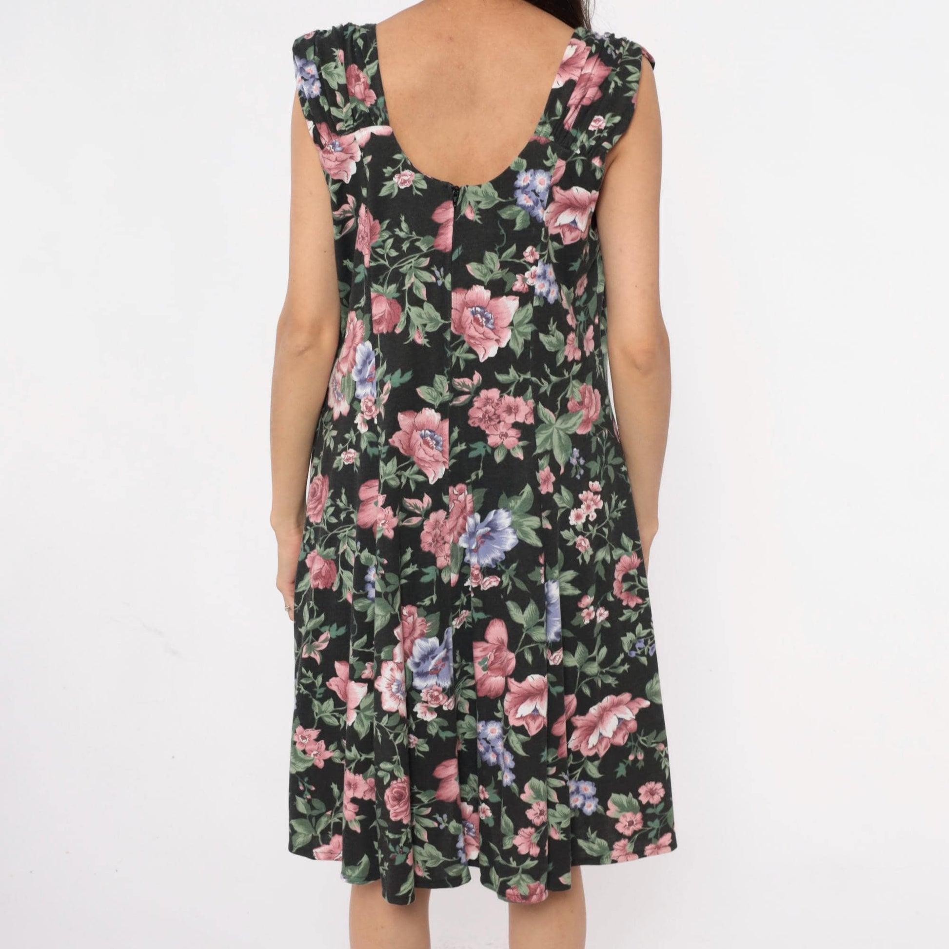 90s Floral Knee-Length Dress Black Pink Roses Blue Flowers Large L