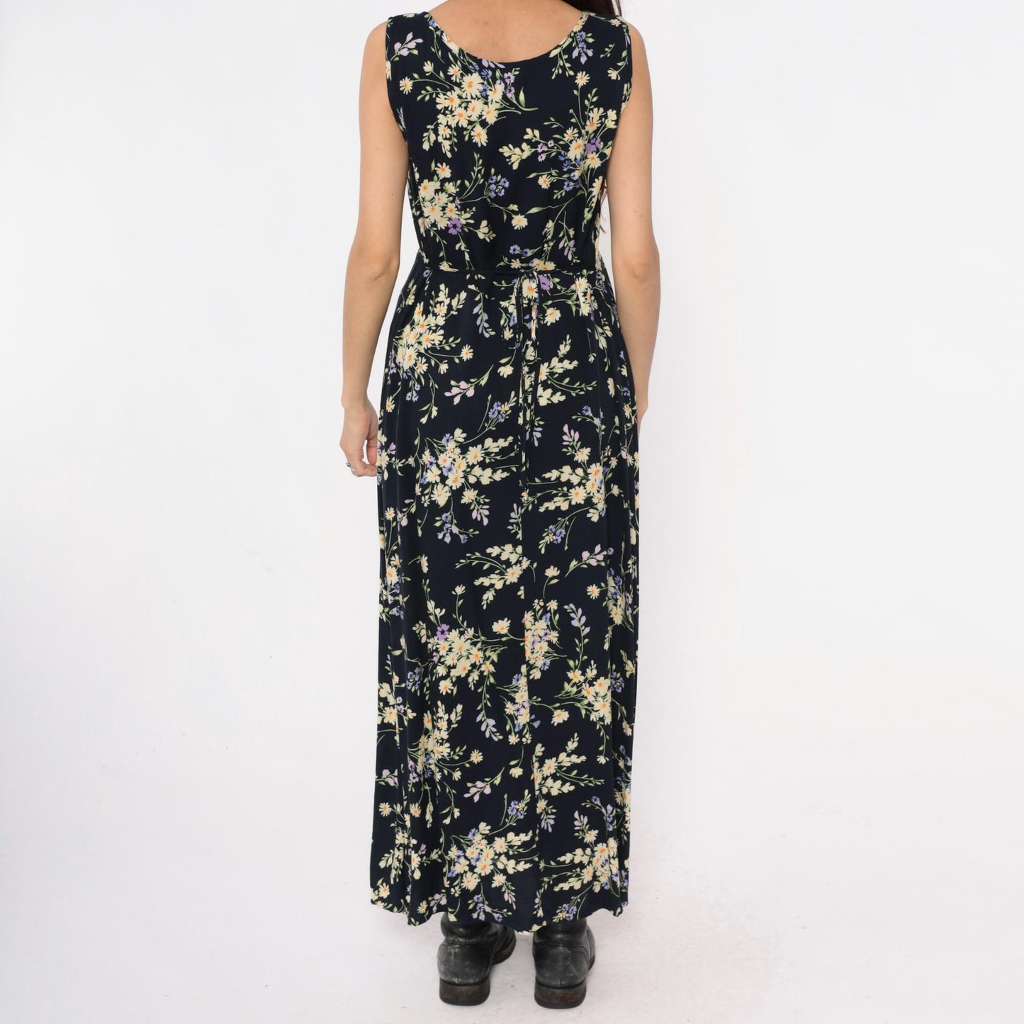 90s California Concepts Floral Maxi Dress Black Yellow Purple Daisy Sleeveless Large