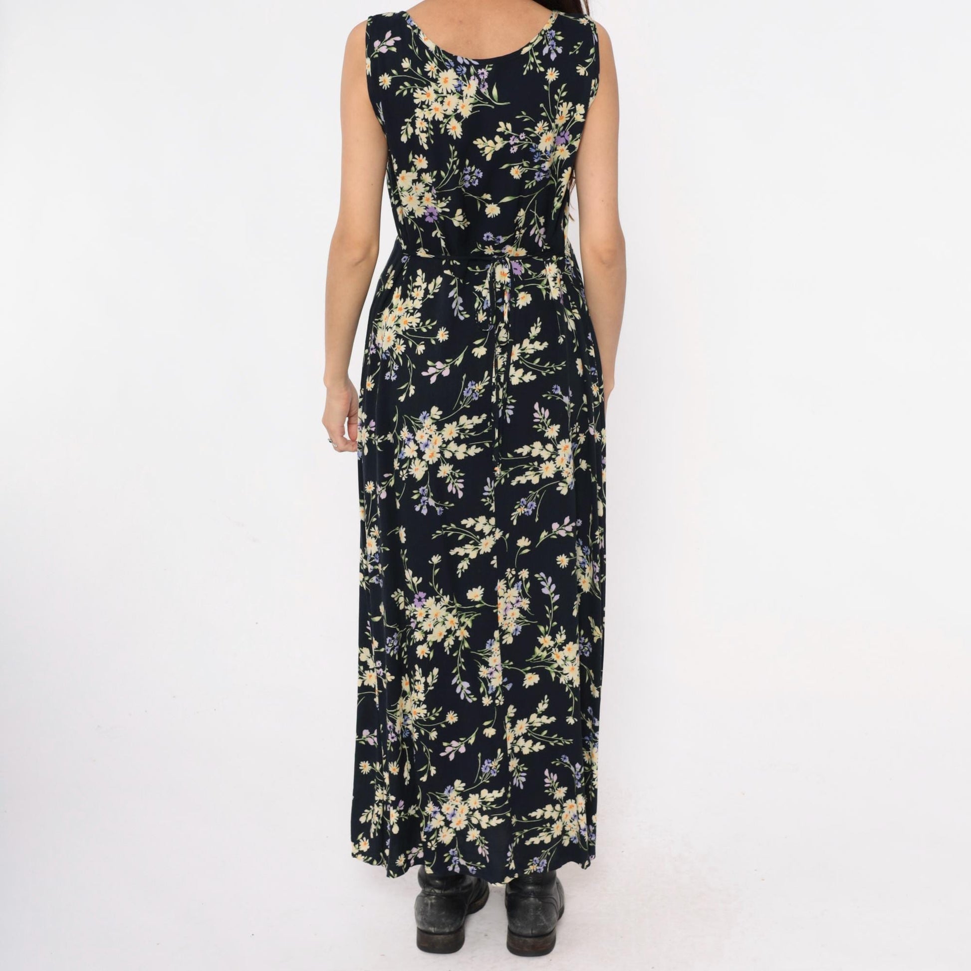 90s California Concepts Floral Maxi Dress Black Yellow Purple Daisy Sleeveless Large