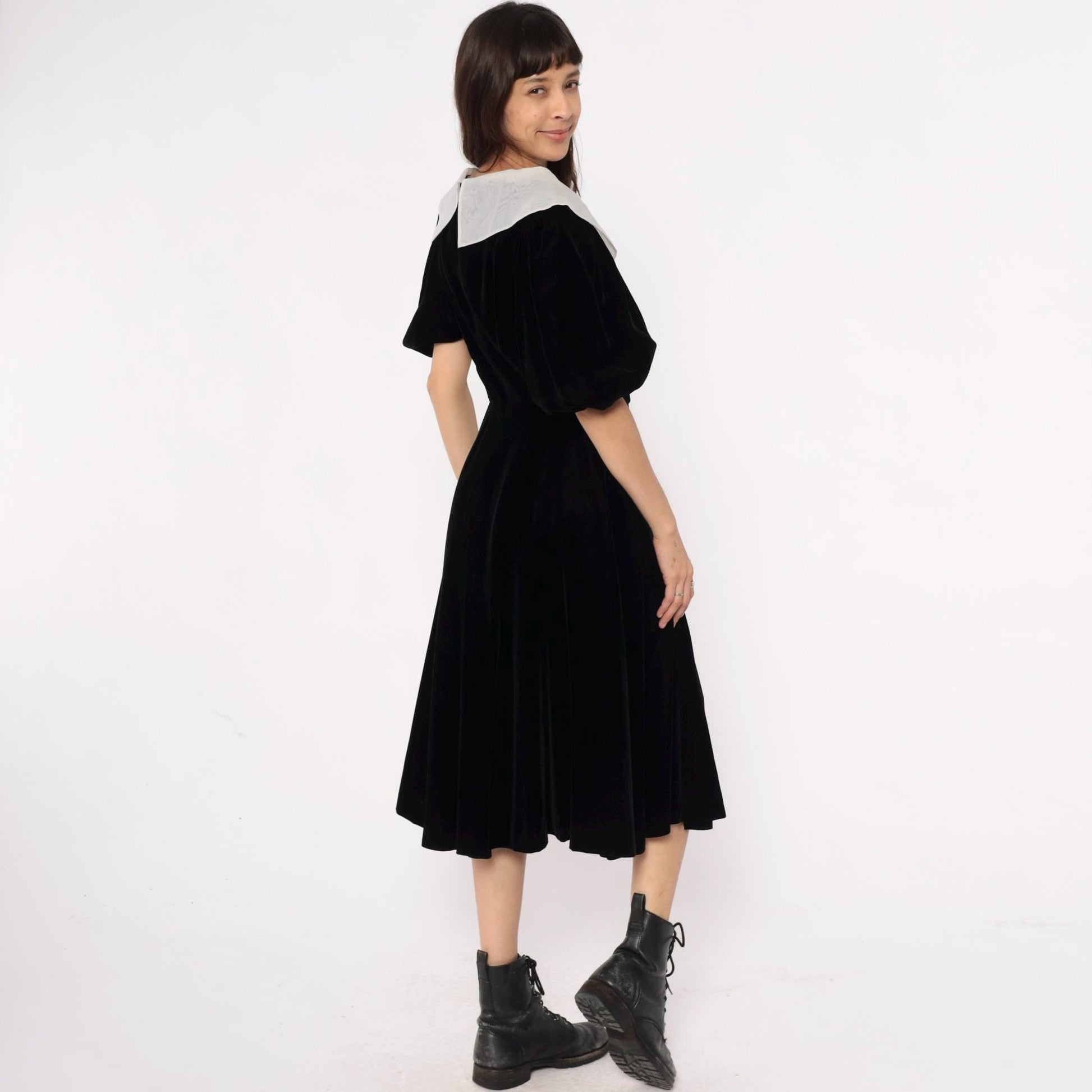 Y2K Yuki Torii Black Velvet Midi Dress White Peter Pan Collar Medium M