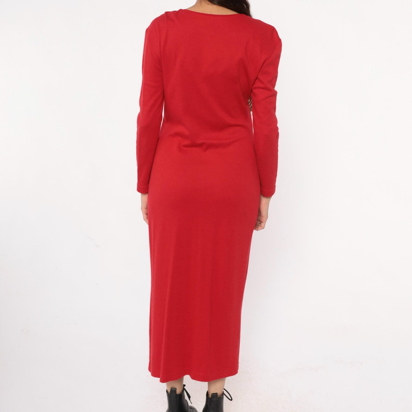 90s Moda Intl Black Maxi Dress Red Yoke Gold Buttons Medium