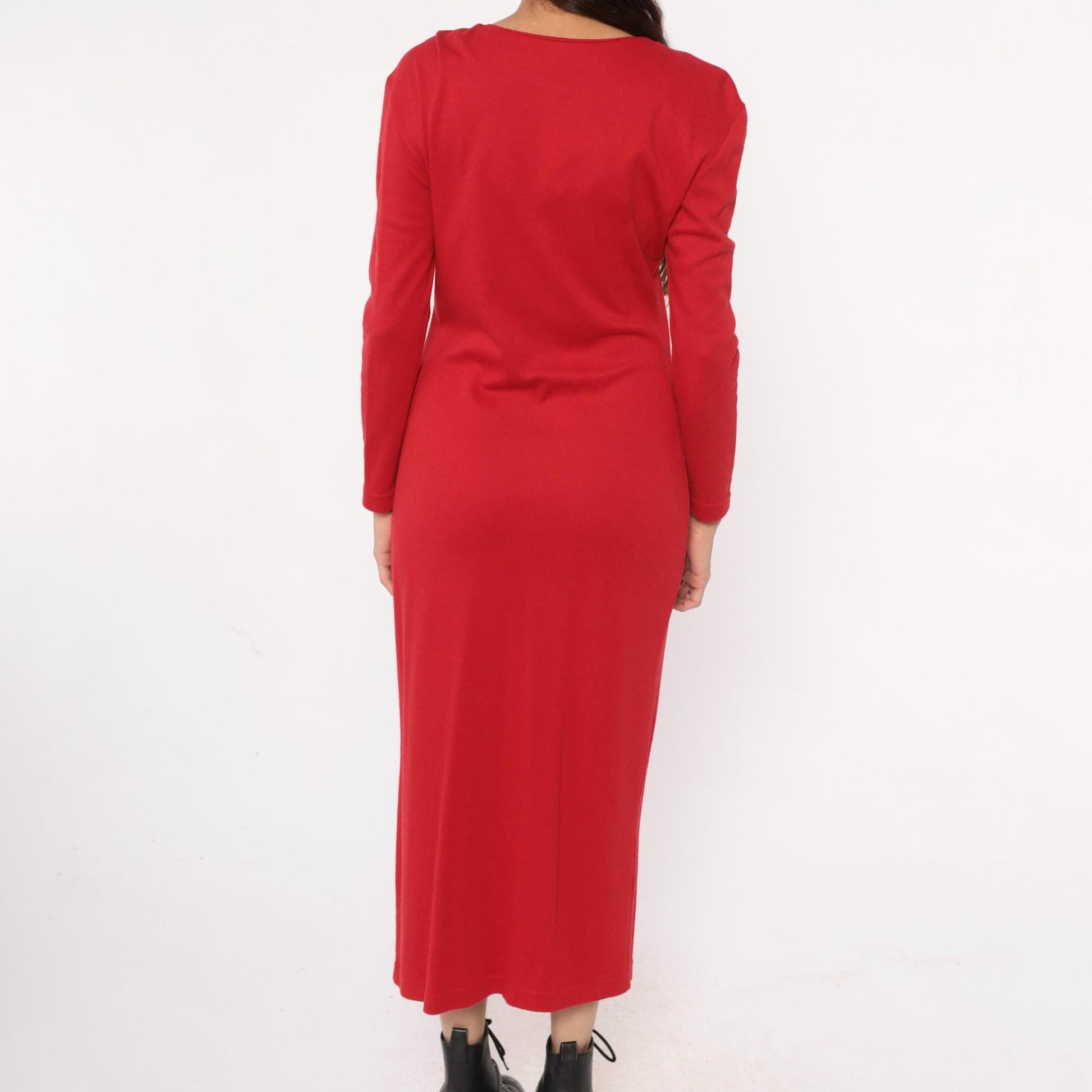 90s Moda Intl Black Maxi Dress Red Yoke Gold Buttons Medium