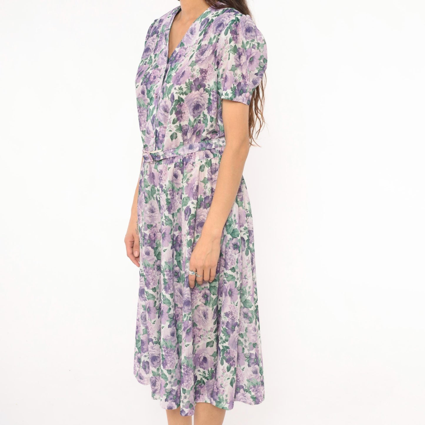 80s Anthony Richards Floral Midi Dress Purple Lavender Rose Puff Sleeve Large L