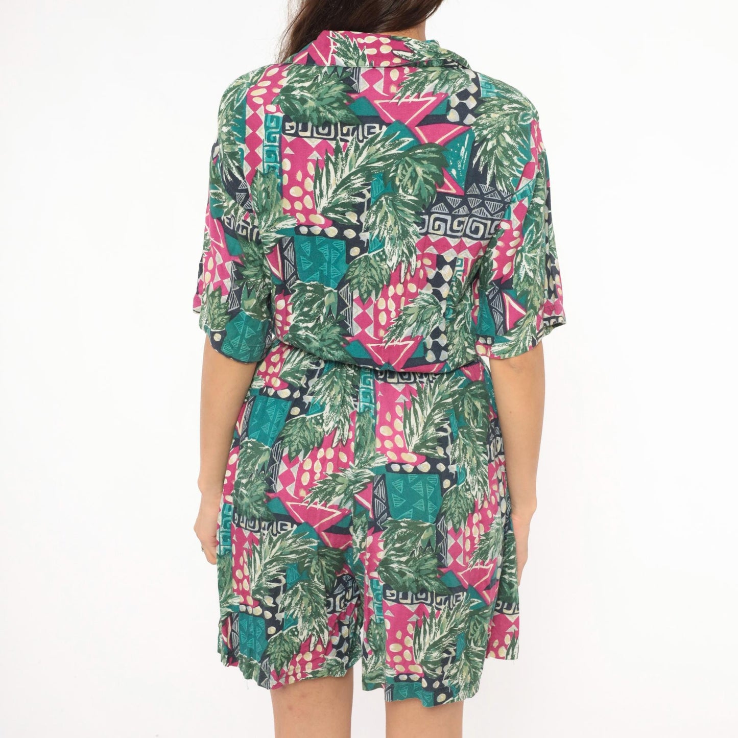 80s C.A. Sport Tropical Romper Green Magenta Leaf Print Button Front Small