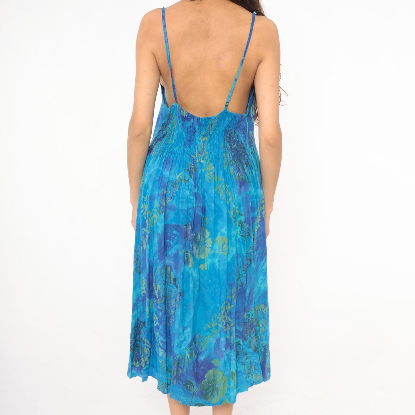2000s Hand Kreation Tie Dye Slip Dress Blue Purple Hibiscus Floral Large L