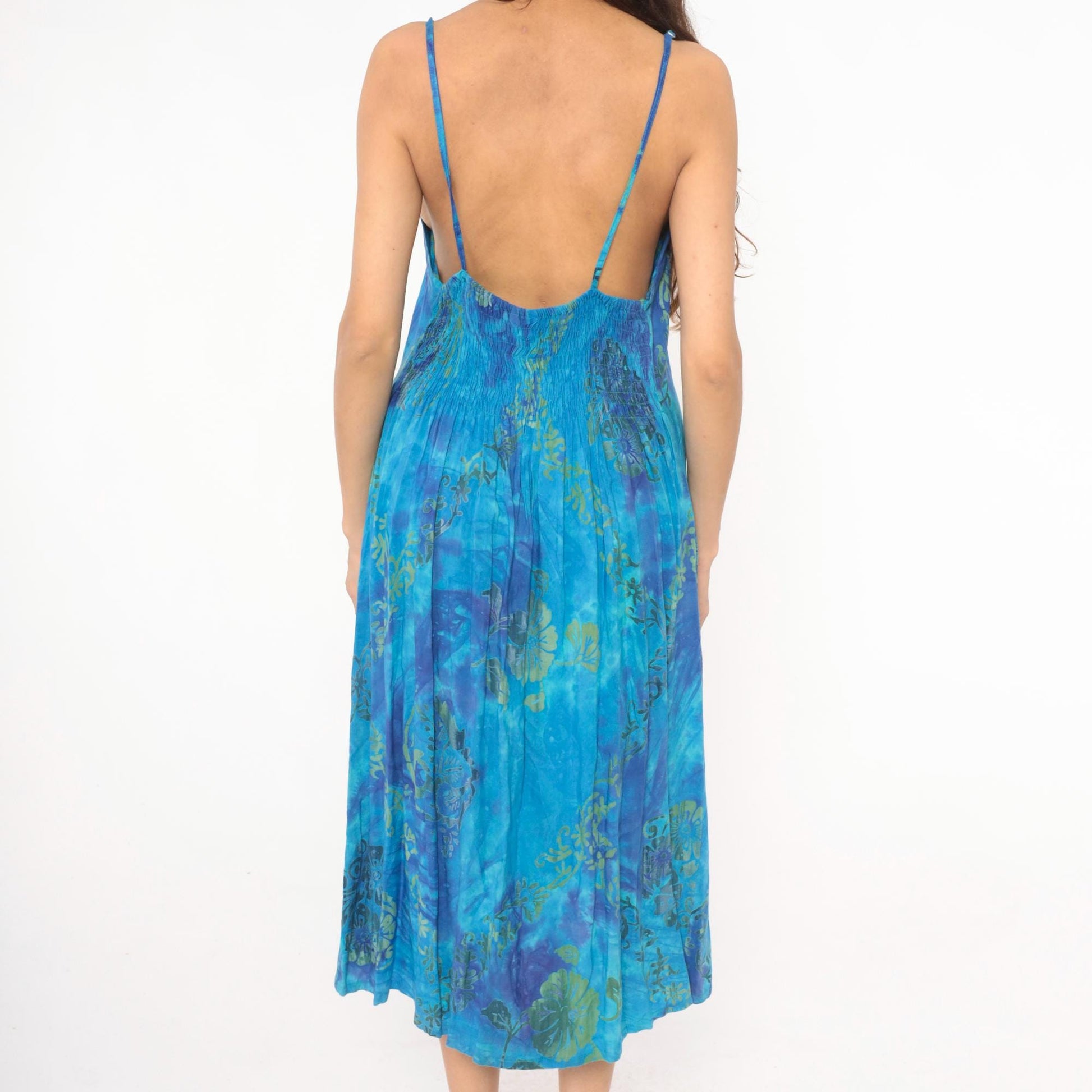 2000s Hand Kreation Tie Dye Slip Dress Blue Purple Hibiscus Floral Large L