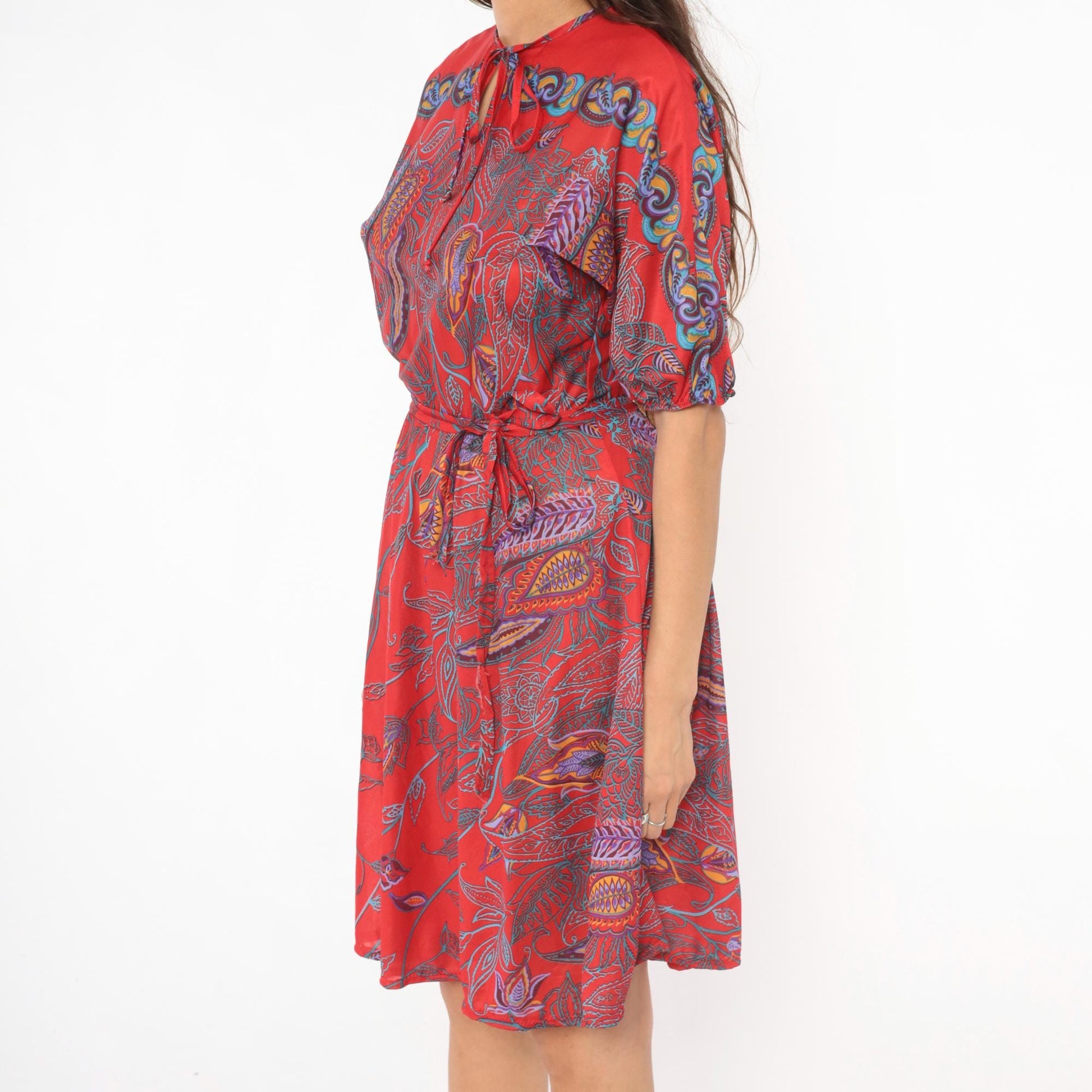 80s NPC Fashions Red Paisley Botanical Tie Neck Dress Knee Length Small Medium