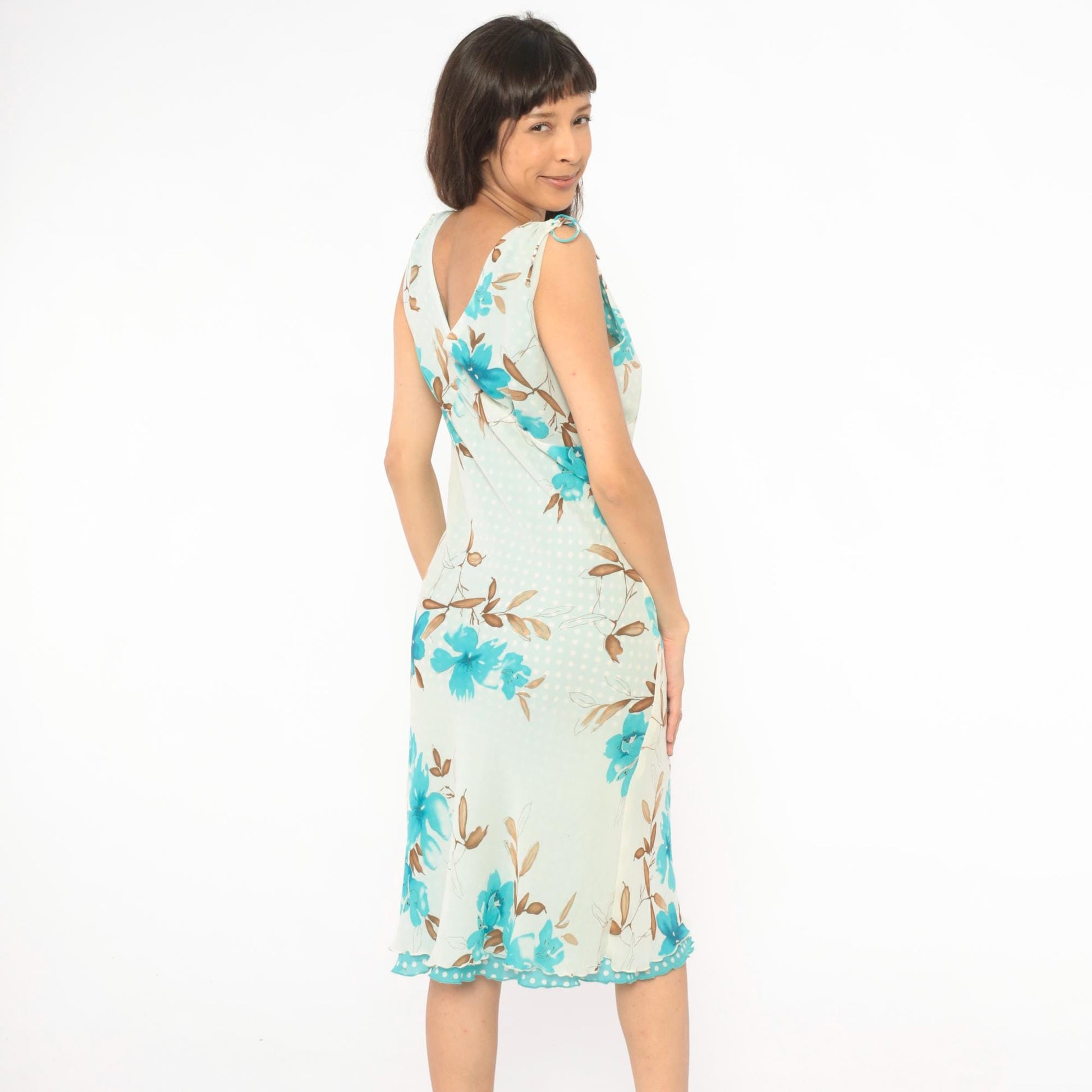 Y2K Reversible Floral Polka Dot Chiffon Dress Turquoise Cream V Neck Tie Shoulder Midi Medium M