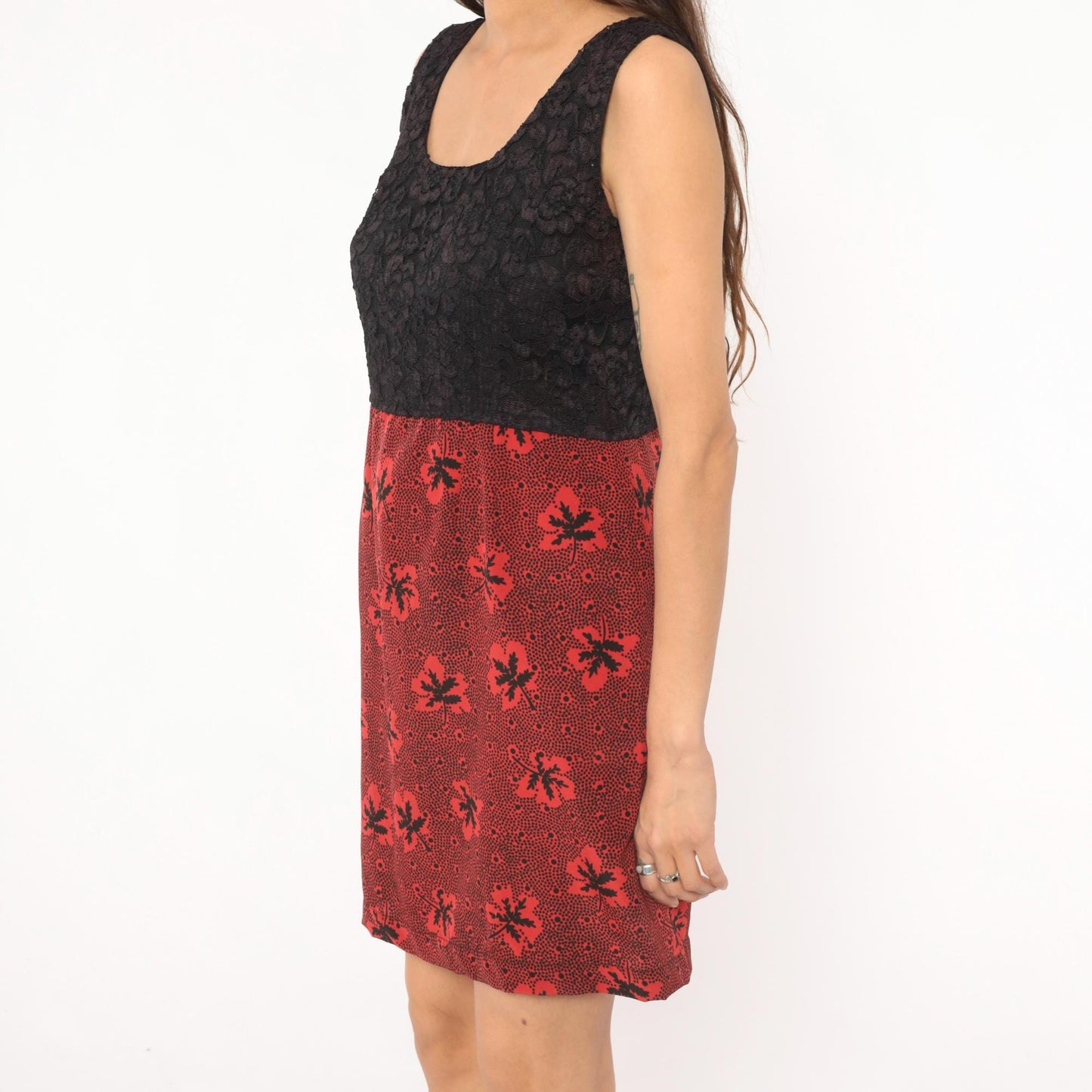 60s Colorblock Mini Dress Black Lace Bodice Red Leaf Print Empire Waist Small