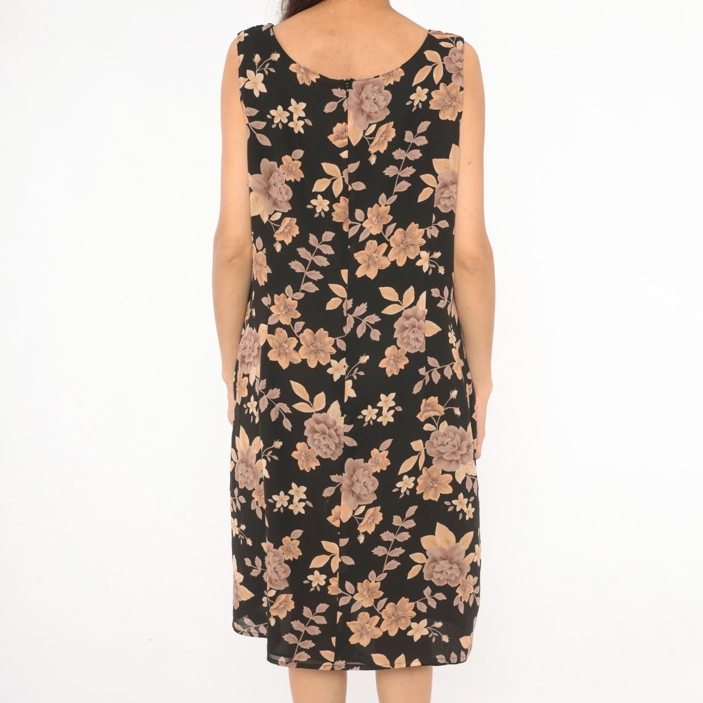 90s Laura Scott Floral Tank Dress Black Tan Rose Print Knee Length Extra Large XL