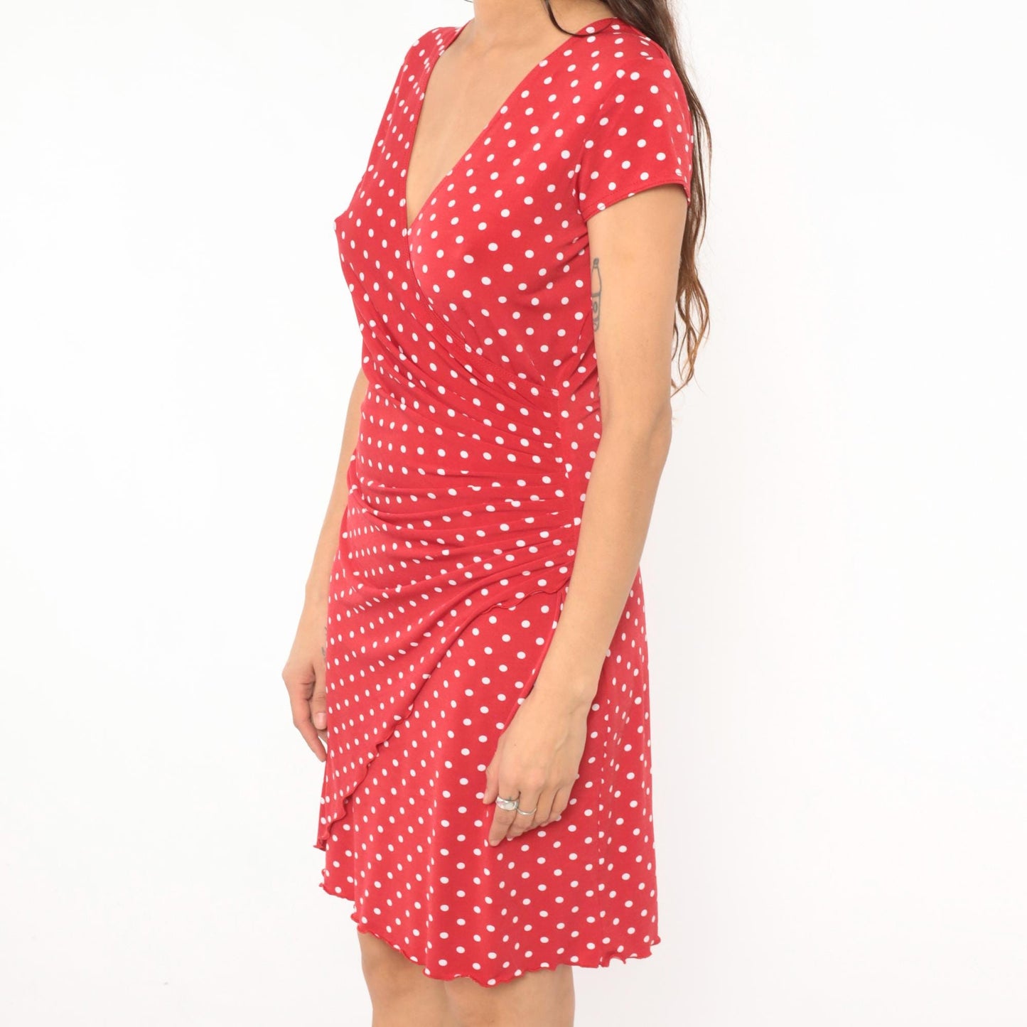 2000s Joseph Ribknoff Red Polka Dot Wrap Dress V Neck Cap Sleeve Small S