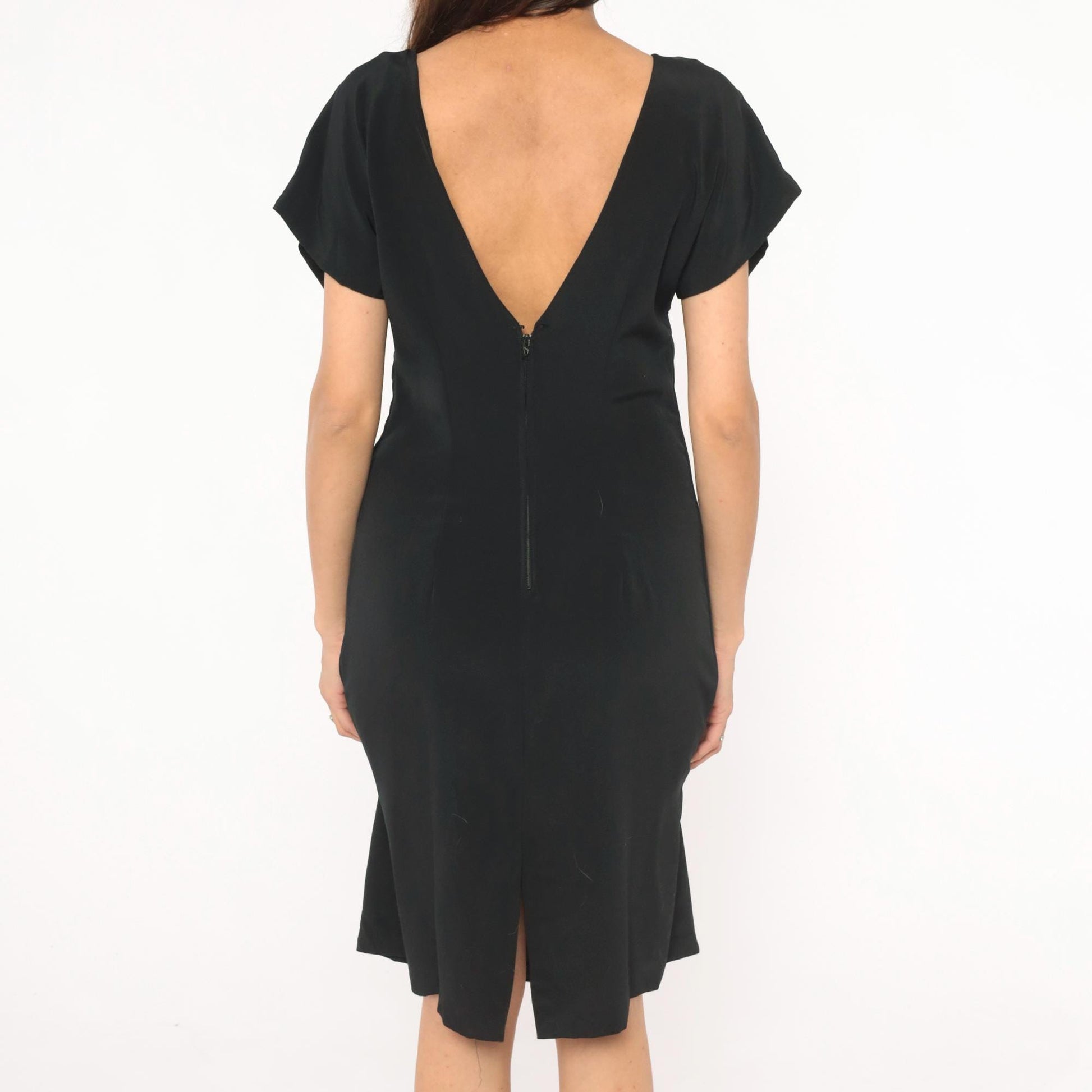 80s Susan Roselli Sequin Beaded Black Sheath Dress Scoop Neck Small S