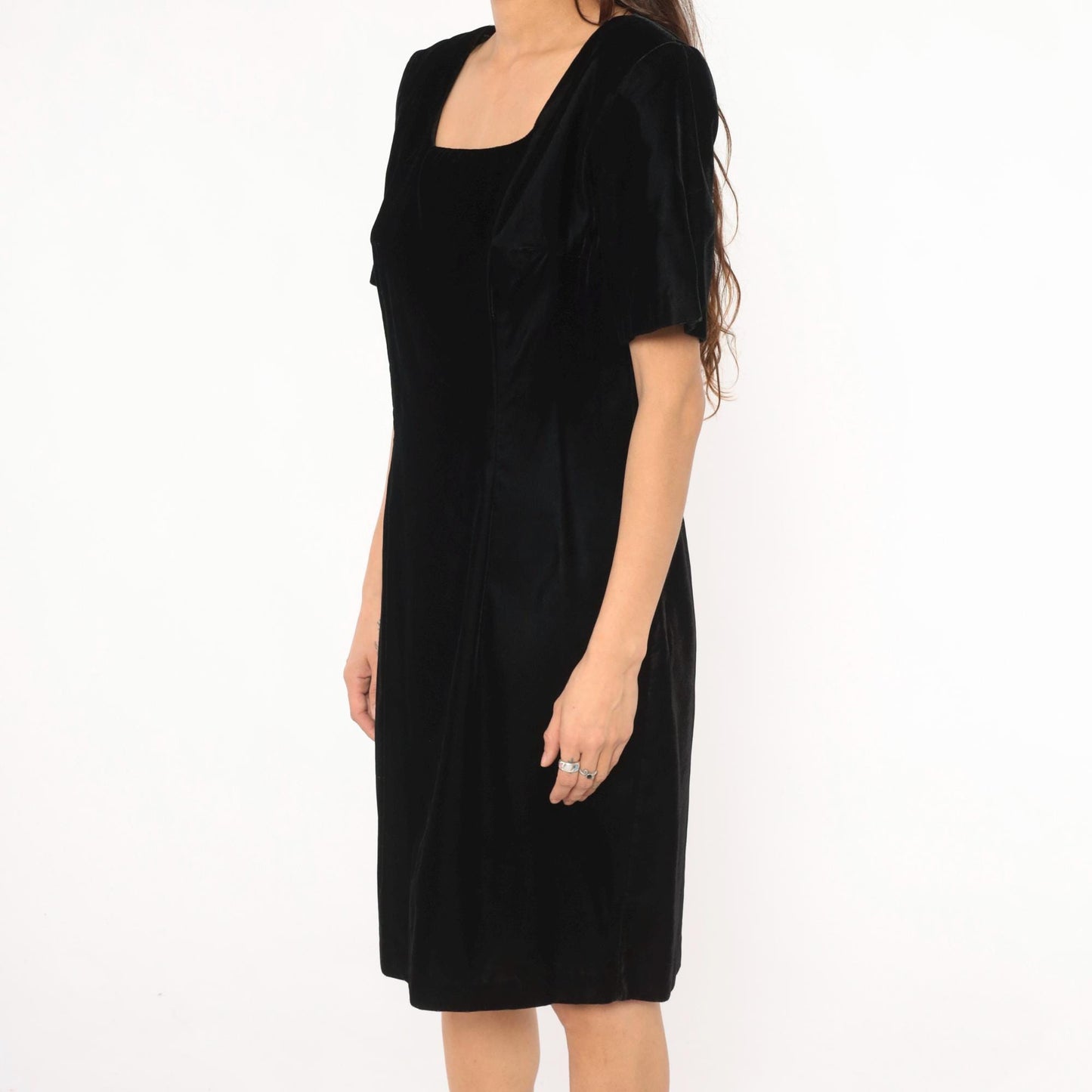 90s My Michelle Black Velvet Dress Square Neck Short Sleeve Knee Length Large L