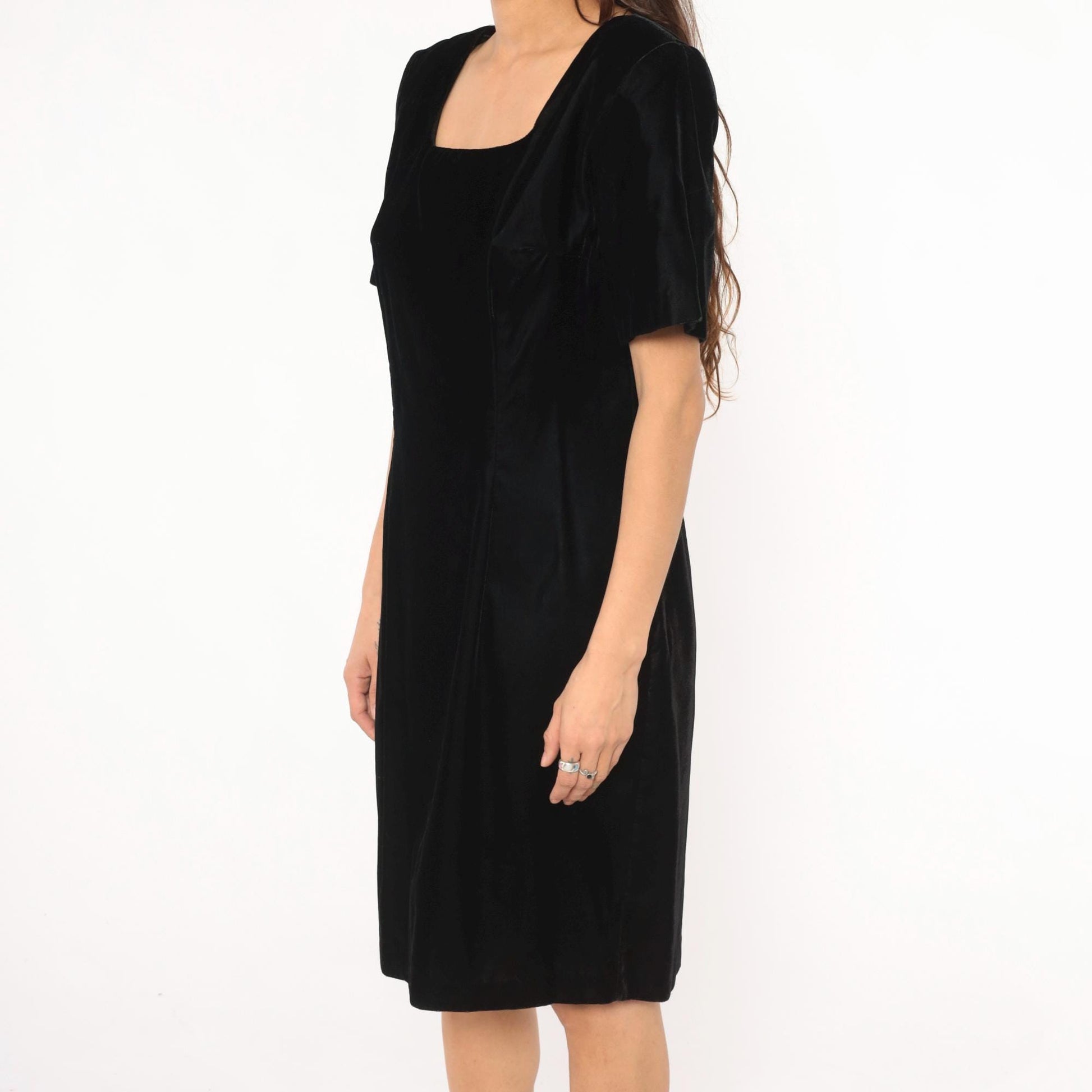 90s My Michelle Black Velvet Dress Square Neck Short Sleeve Knee Length Large L