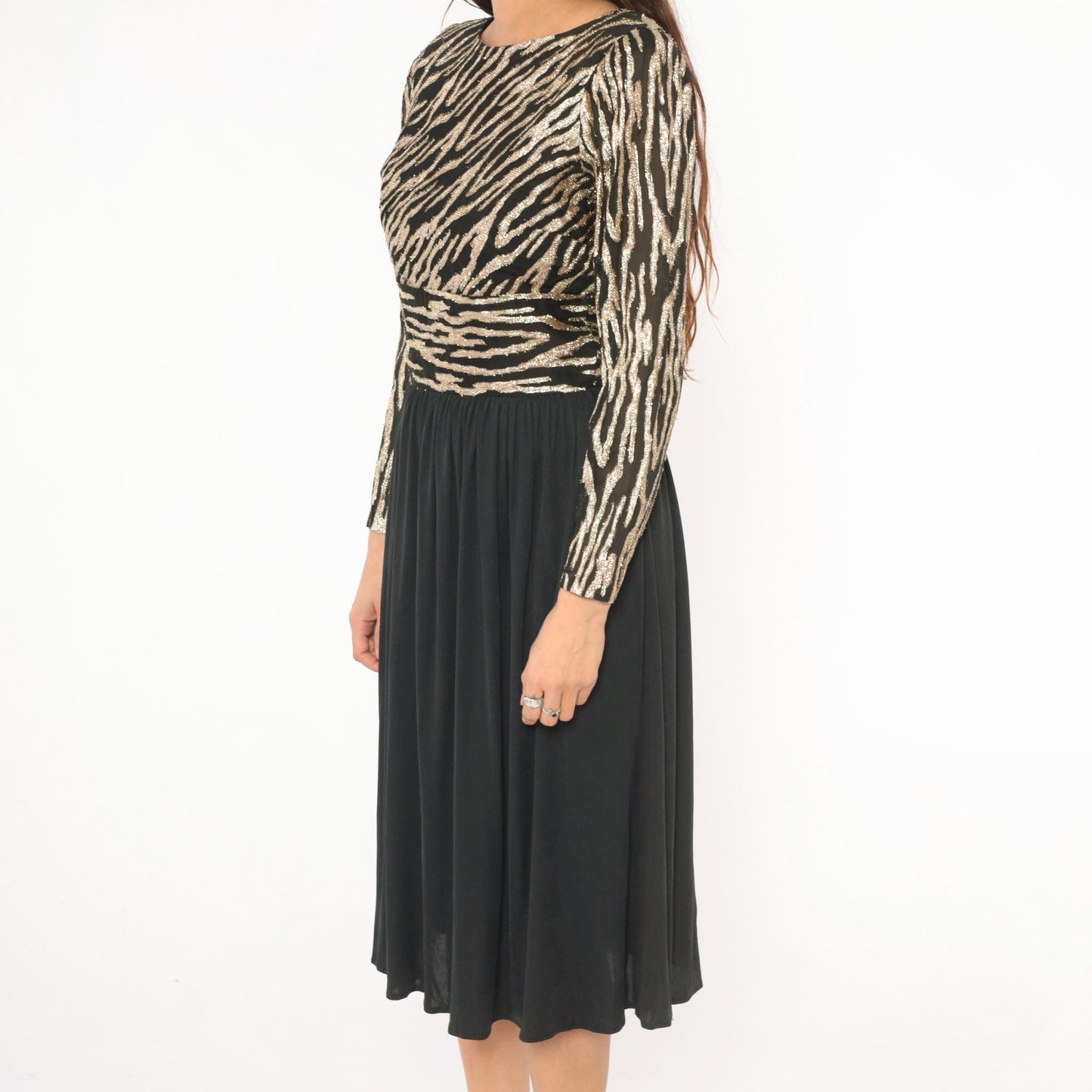 80s Ursula of Switzerland Gold Zebra Stripe Midi Dress Black Long Sleeve Medium M