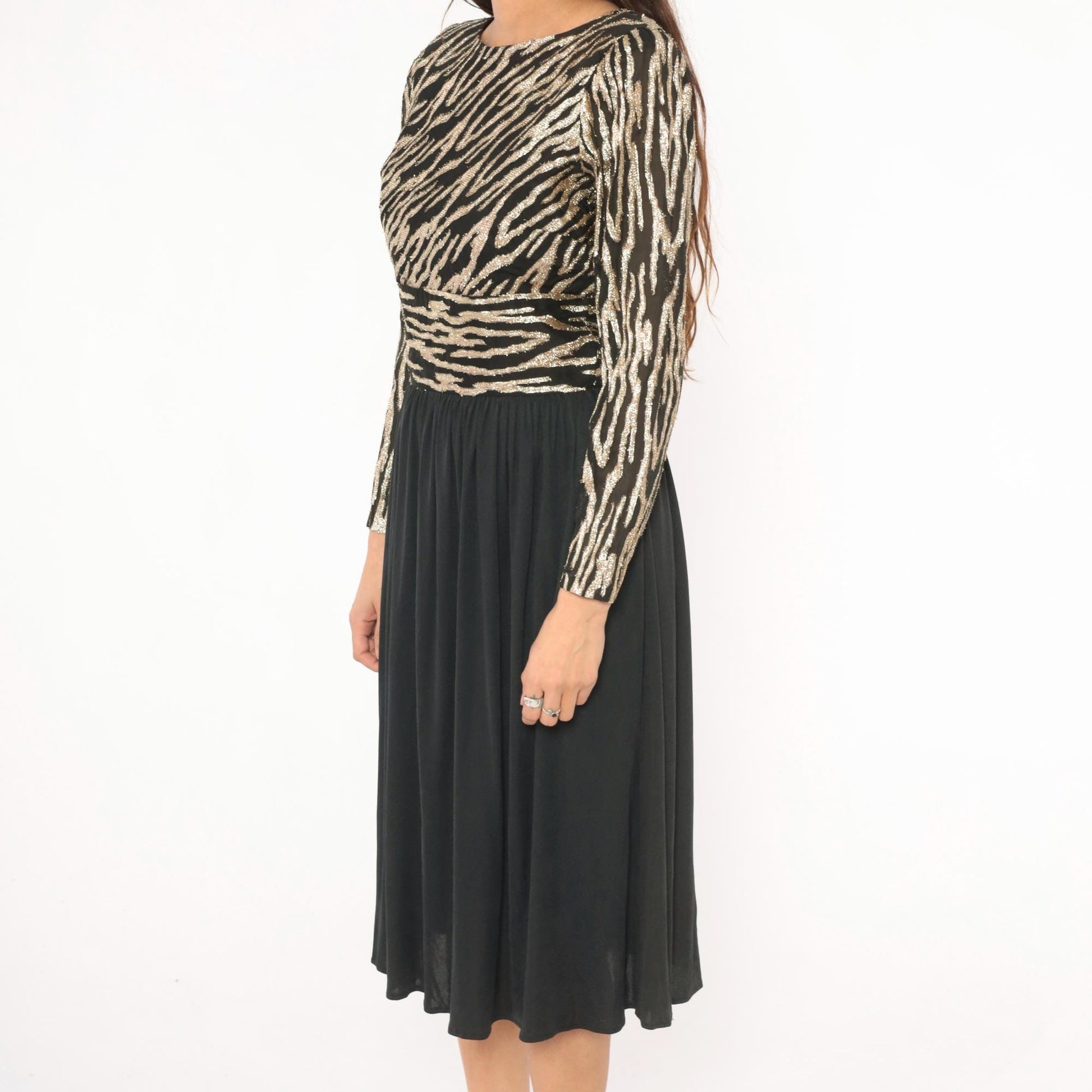 80s Ursula of Switzerland Gold Zebra Stripe Midi Dress Black Long Sleeve Medium M