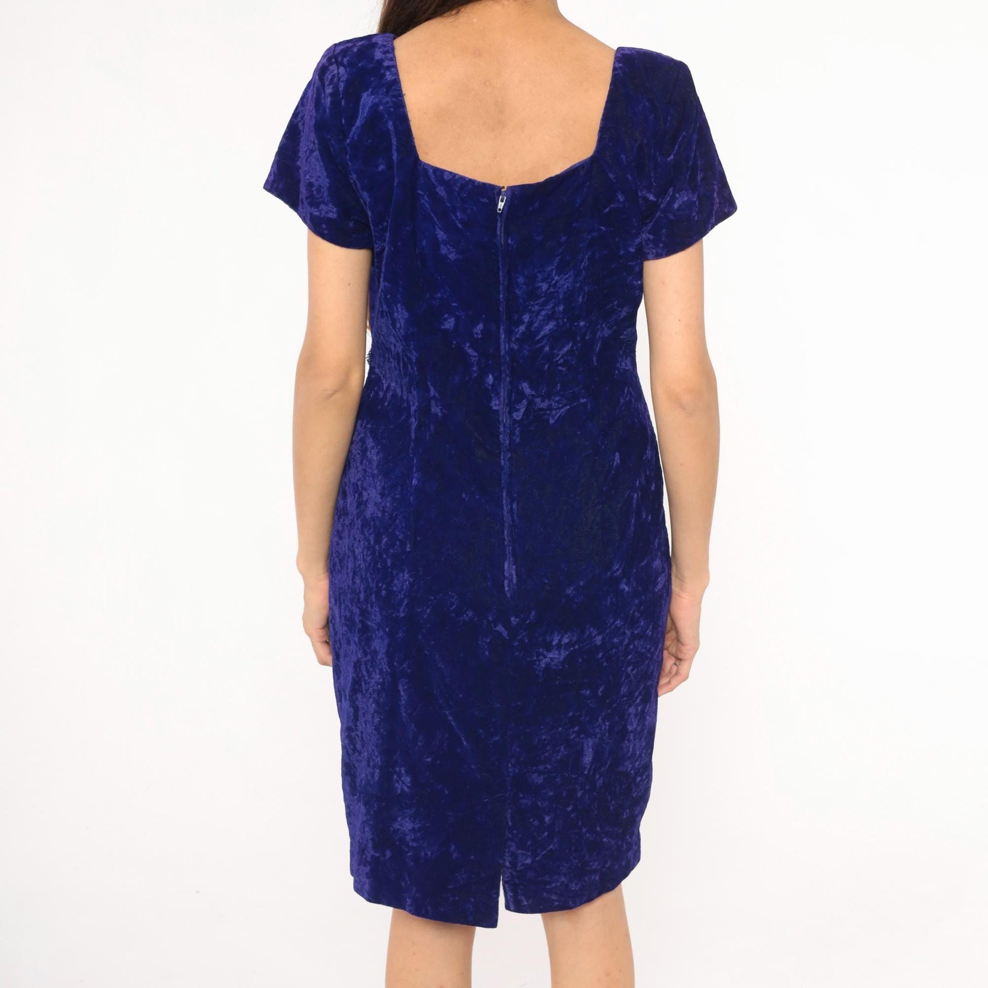 90s Late Edition Purple Crushed Velvet Dress Sweetheart Neckline Knee-Length Medium M