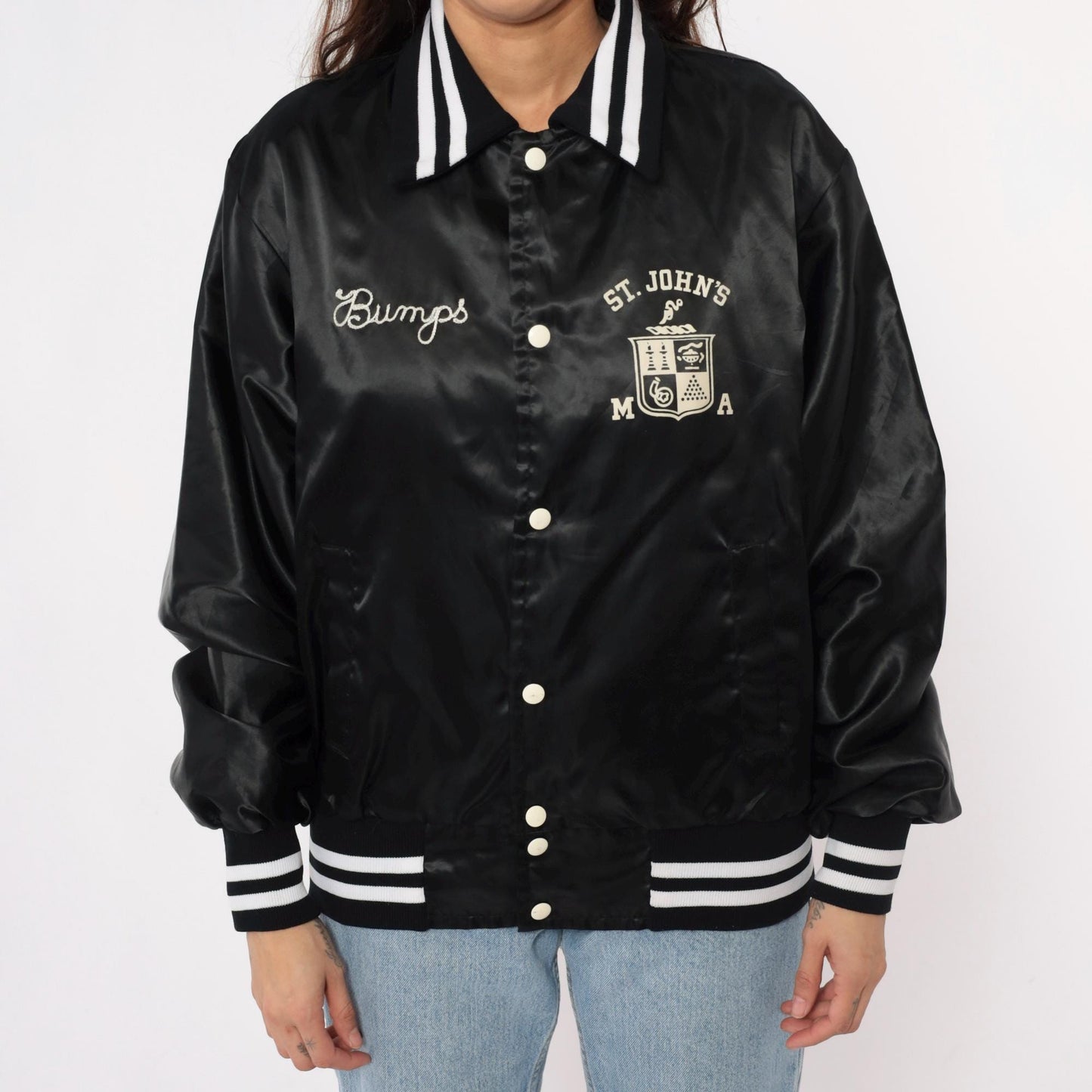 80s Black Satin Varsity Jacket Silver Rifles Drill Team Embroidered Medium