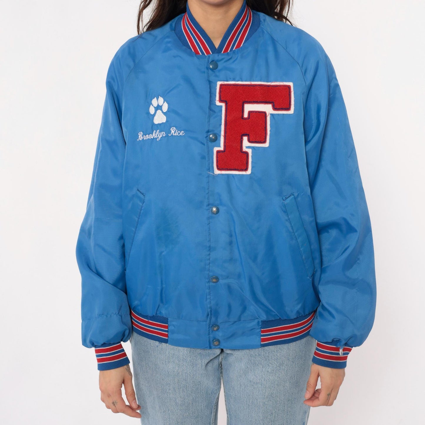 90s Franklin Varsity Jacket Blue Nylon Bomber Snap Front Small S