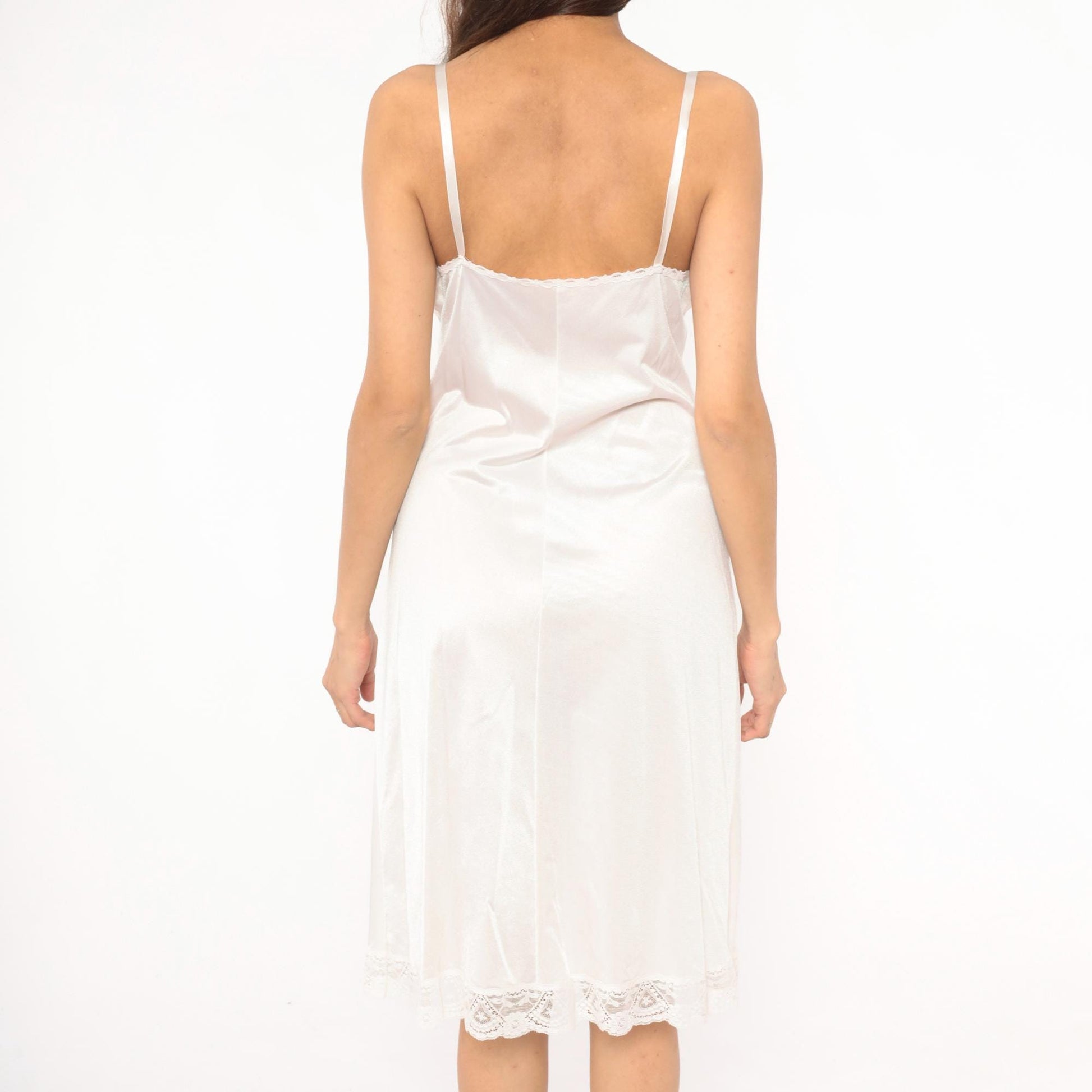 80s Vassarette White Nylon Slip Dress Scalloped Lace Spaghetti Strap Large L