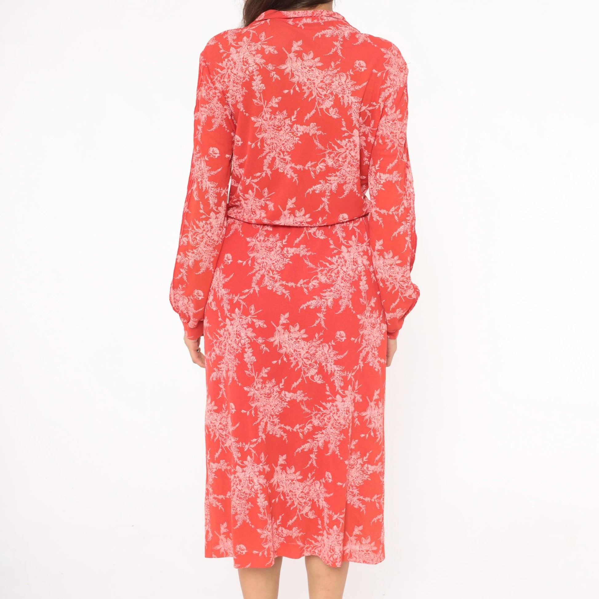 70s H Coral Floral Shirtdress Button Front Bishop Sleeves Midi Medium M