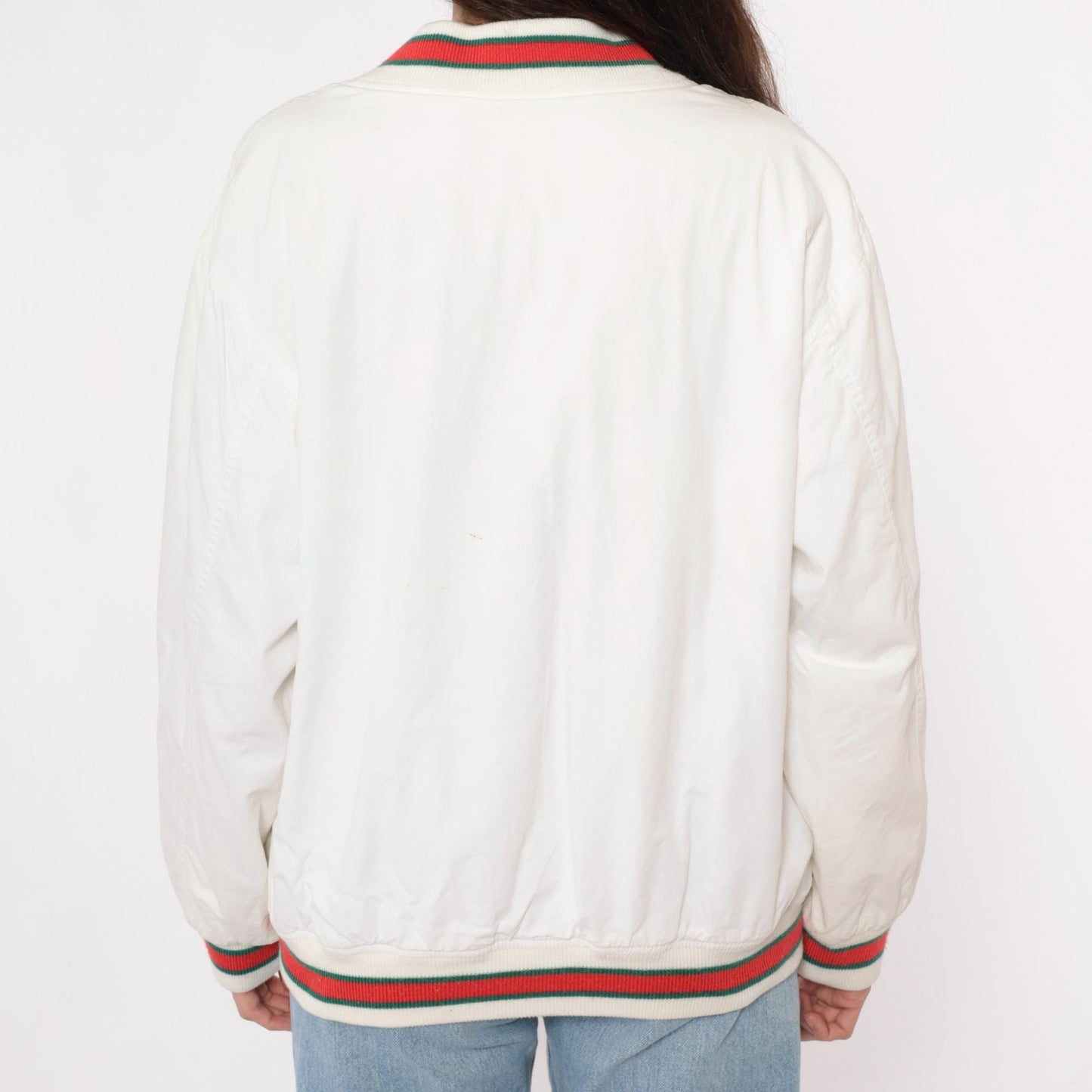 80s Cream Cardigan Red Green Striped Ribbed Trim Cotton Preppy Medium
