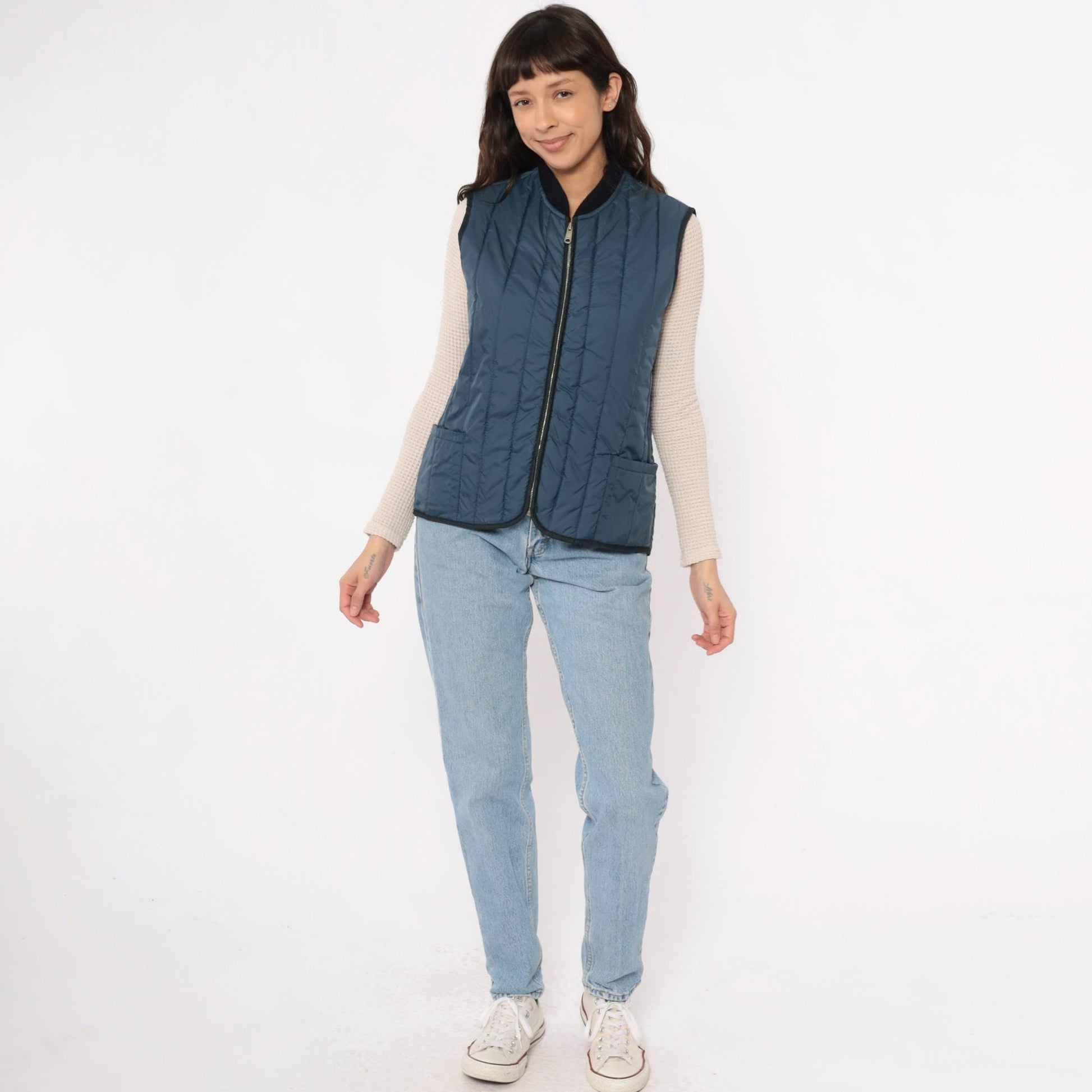 80s Sears Navy Quilted Vest Zip Front Puffer Sleeveless Medium