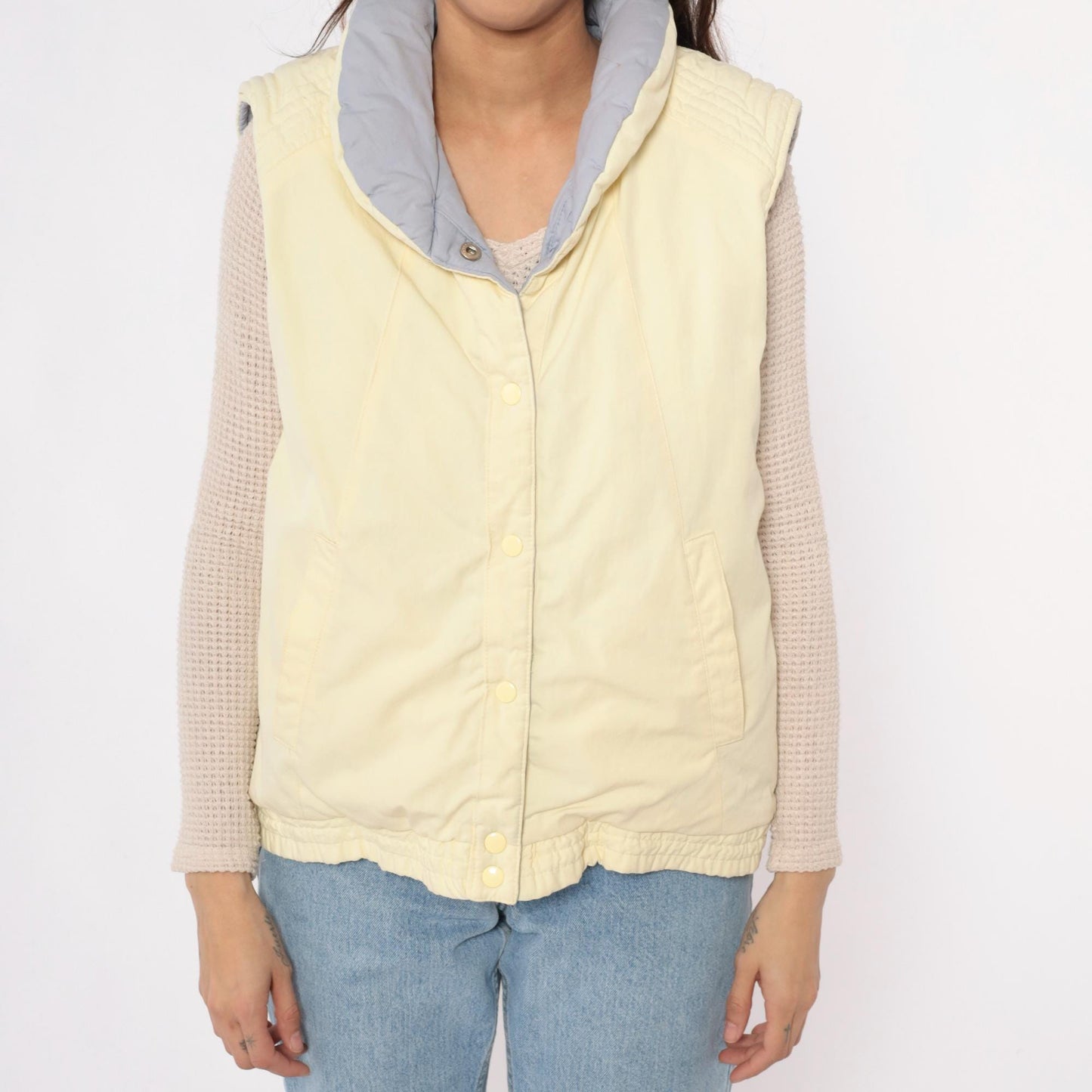 80s Reversible Quilted Vest Yellow Grey Puffer Sleeveless Medium