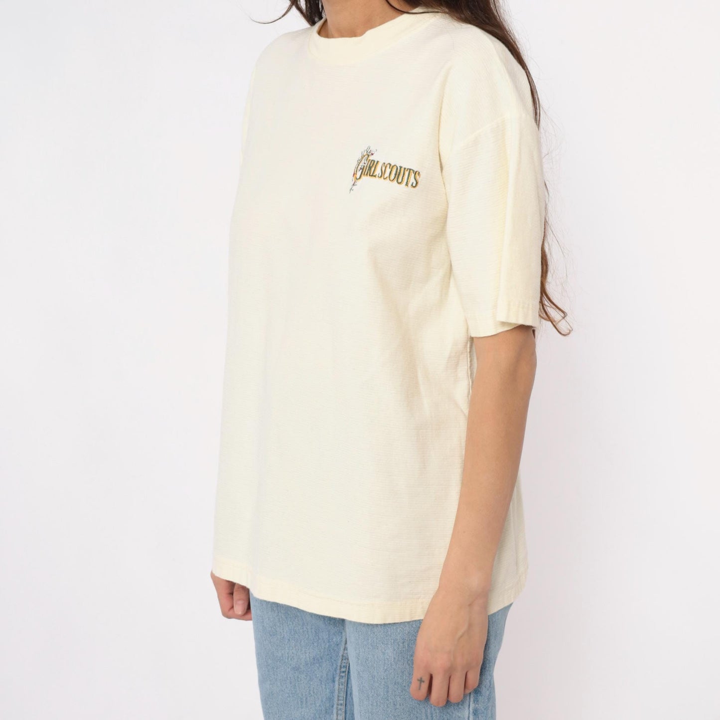 90s Girl Scouts Embroidered Logo Cotton Tee Cream Large L