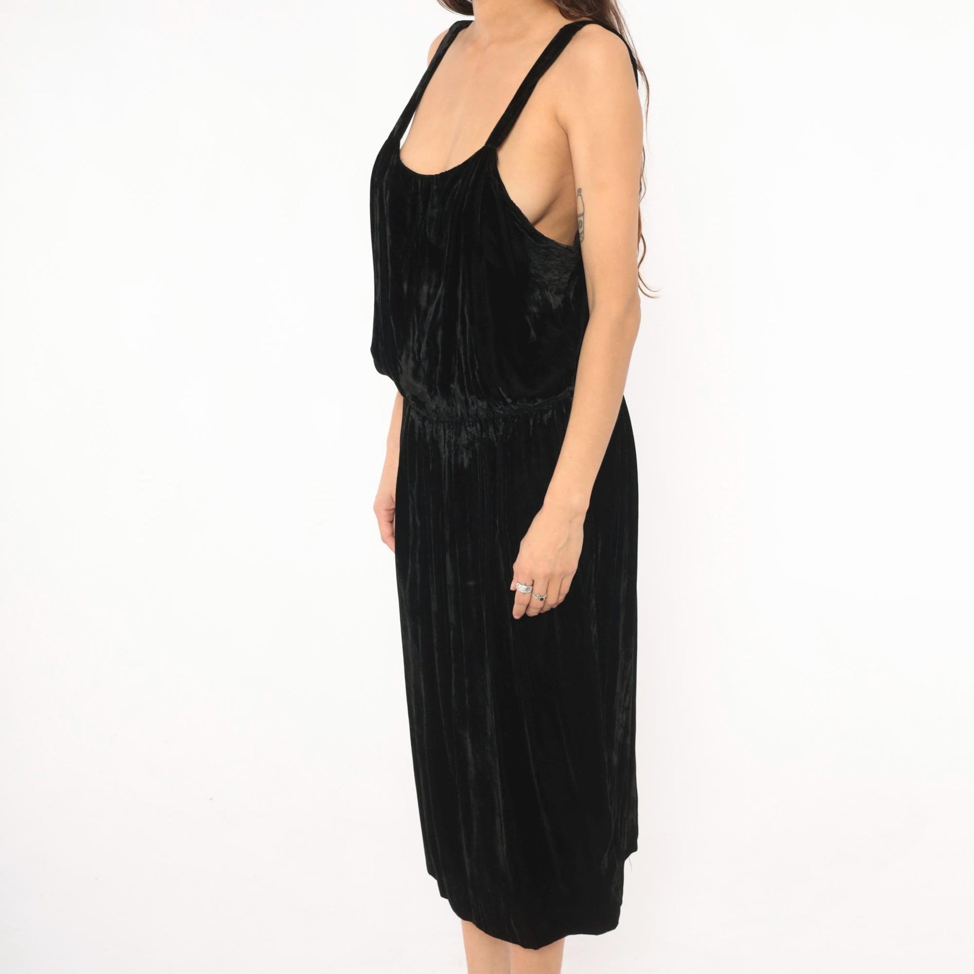 80s Black Velvet Sleeveless Dress Gathered Waist Scoop Neck Midi Large L