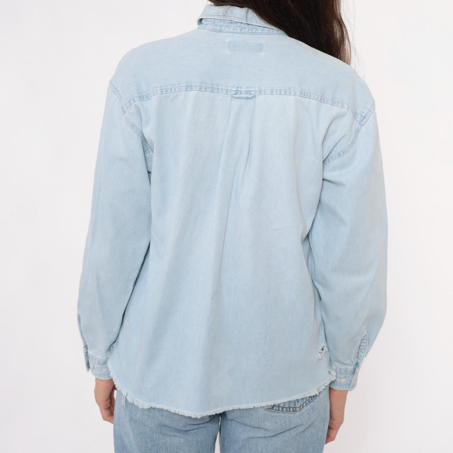 90s LL Bean Chambray Shirt Floral Embroidered Light Blue Cotton Small