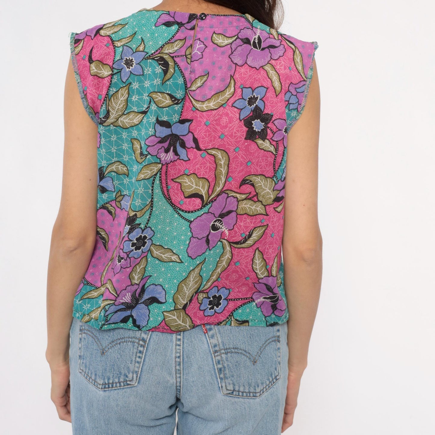 90s Floral Patchwork Tank Top Pink Purple Teal Sleeveless Shell Small