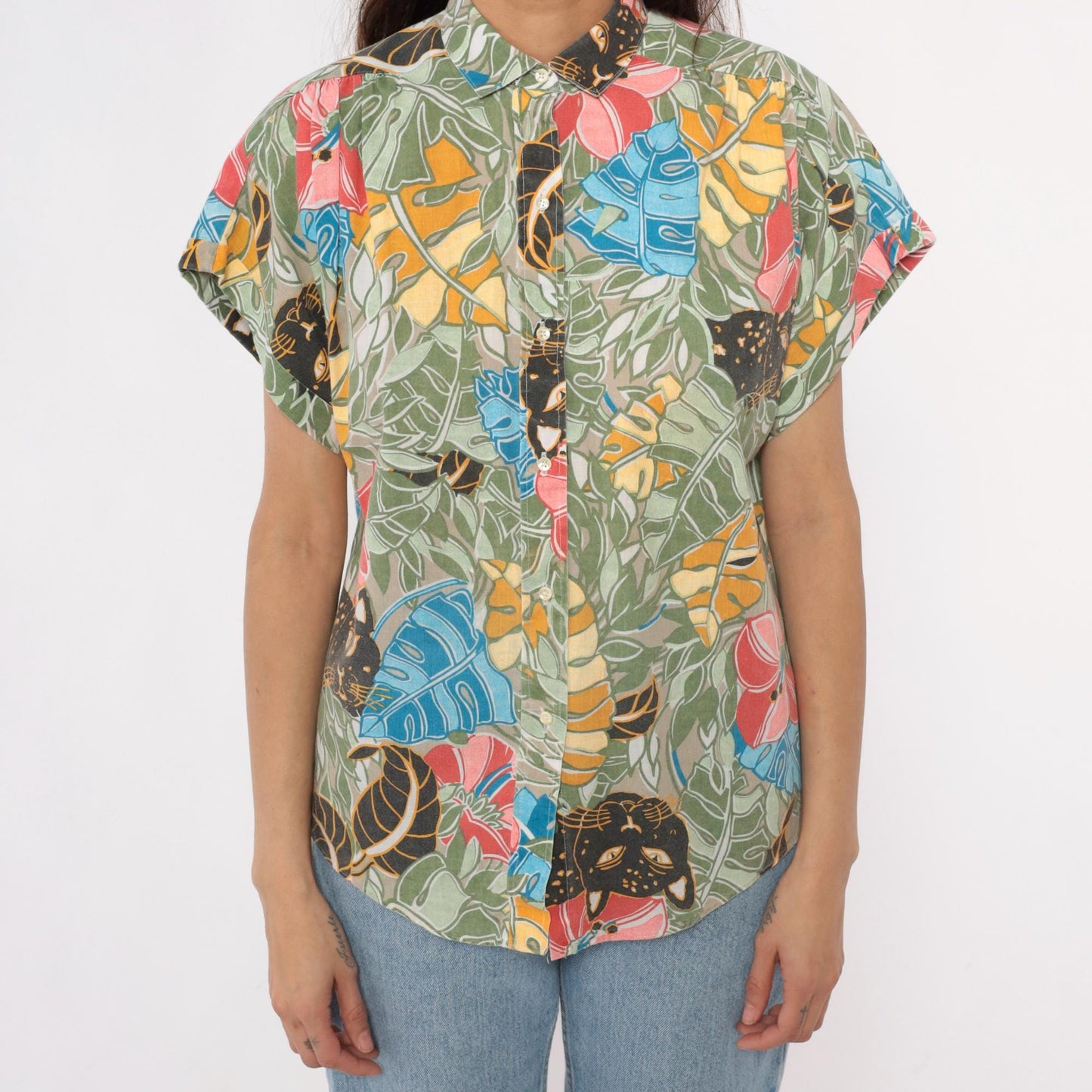 90s Black Panther Tropical Print Button-Up Shirt Monstera Leaf Multicolor Large L