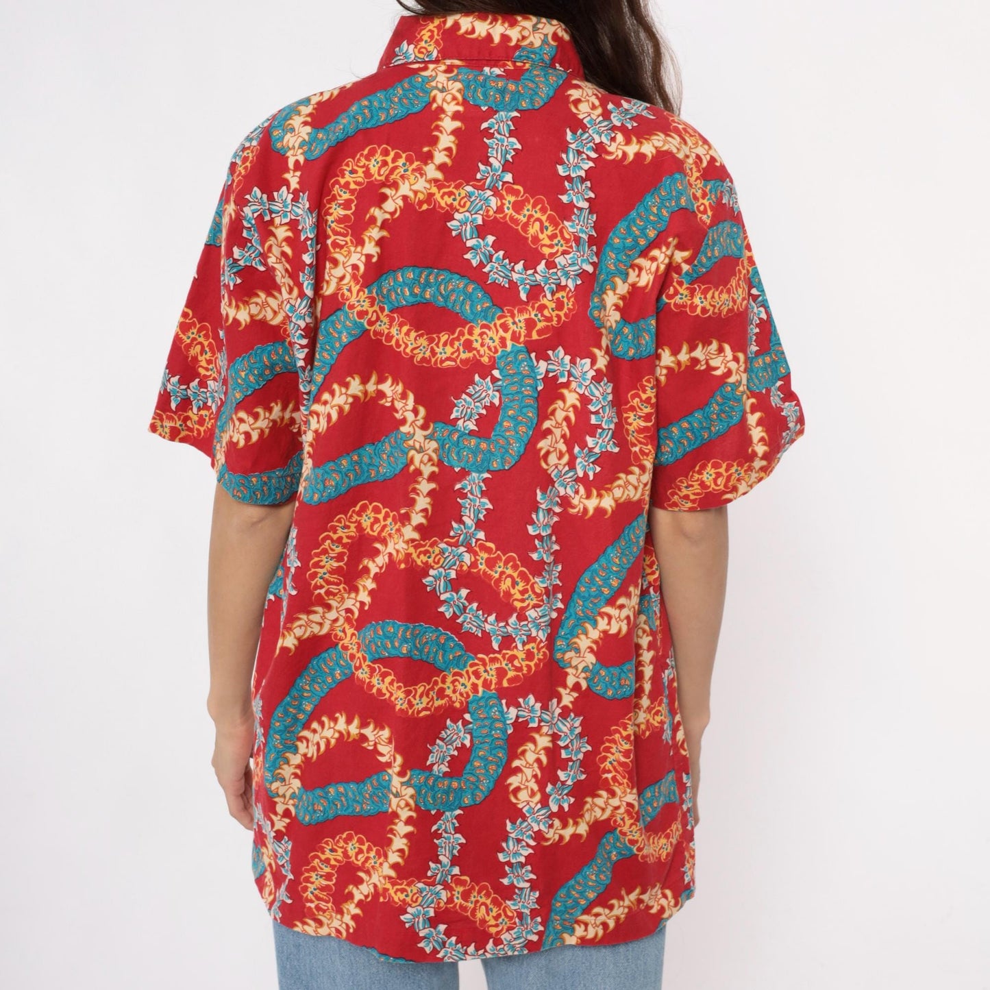 90s Hawaiian Shirt Red Lei Print Camp Collar Cotton Mens Extra Large XL